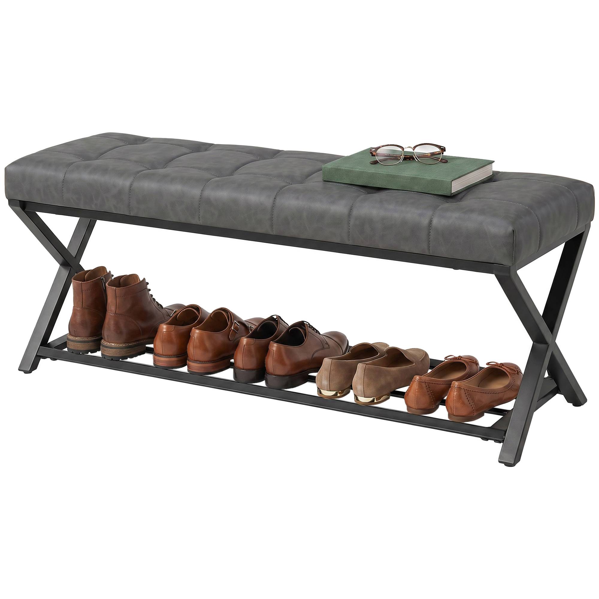 Banc d’entrée rembourré en similicuir 112x37x47 cm, capacité 220 kg, meuble à chaussures pour couloir, design moderne, gris foncé - Image 2