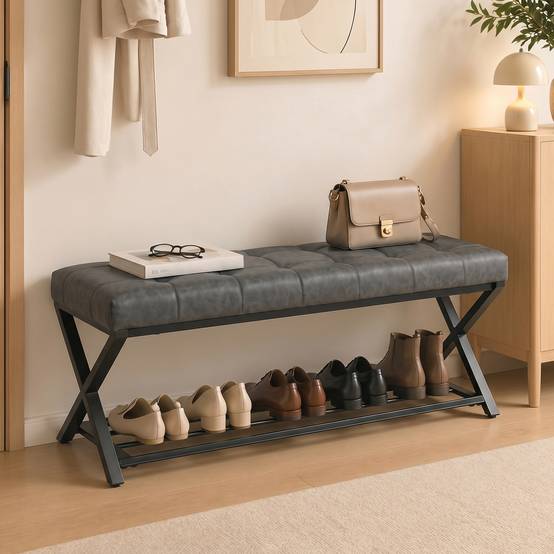 Banc d’entrée rembourré en similicuir 112x37x47 cm, capacité 220 kg, meuble à chaussures pour couloir, design moderne, gris foncé - Image 4