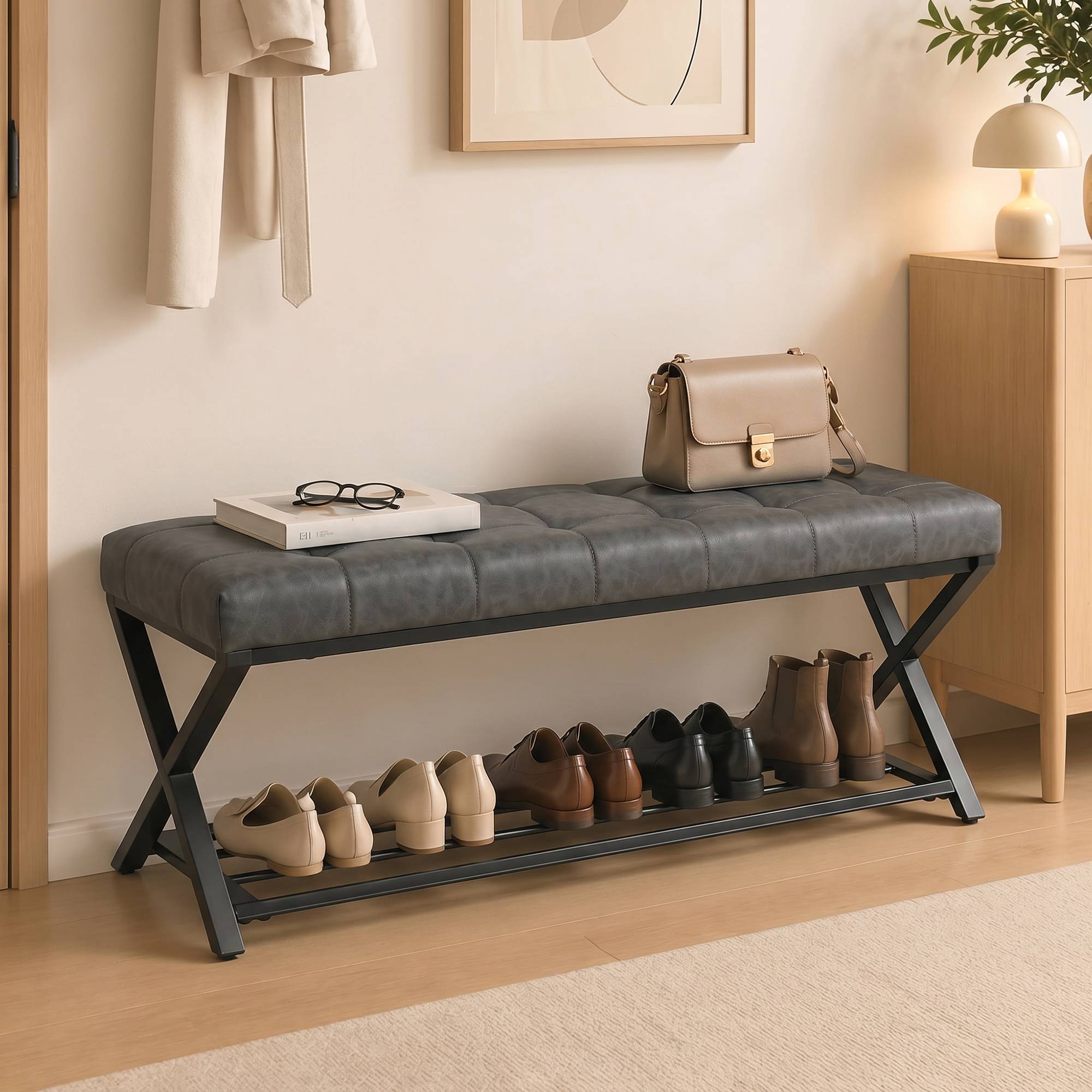 Banc d’entrée rembourré en similicuir 112x37x47 cm, capacité 220 kg, meuble à chaussures pour couloir, design moderne, gris foncé - Image 4