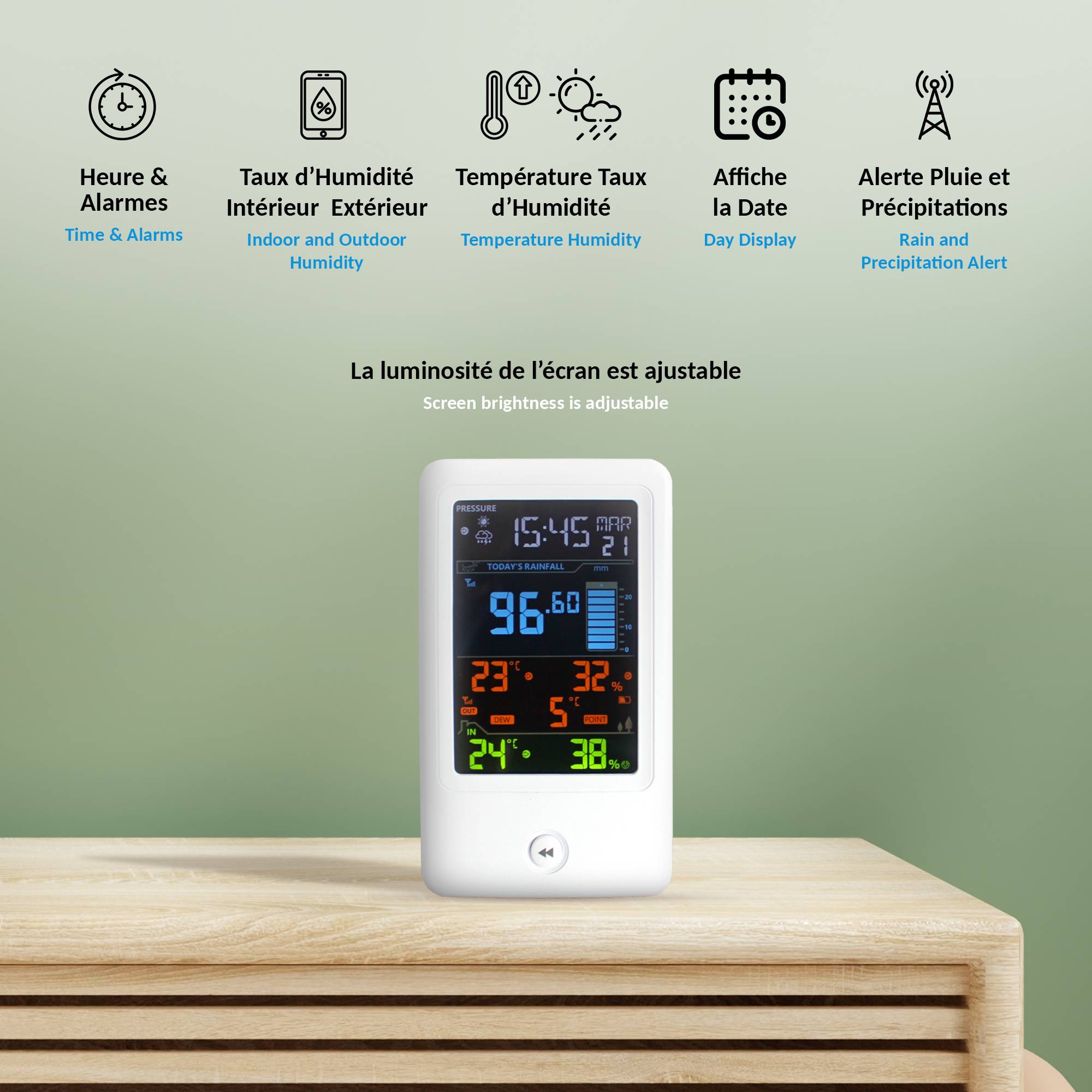 Fishtec - Station Météo Intelligente Capteur Extérieur Écran LCD Ajustable Pluviomètre à Poser - Image 3