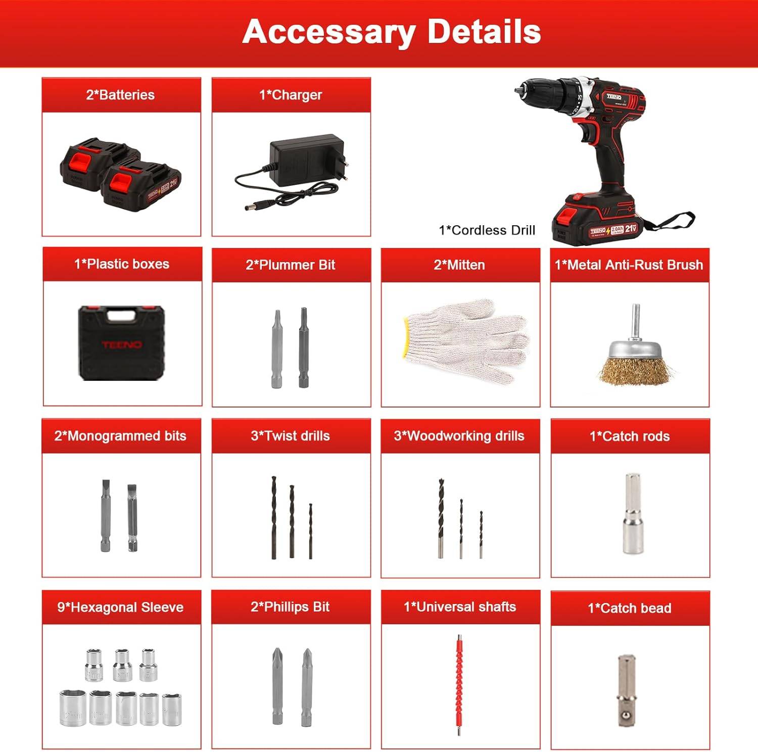 Teeno - 45Nm Perceuse Visseuse Sans Fil 21V Pour Batterie Makita 2x2.0Ah Batteries,25+1 Réglages de Couple,Brosse Antirouille Métal,LED,2 Vitesses,31 - Image 2