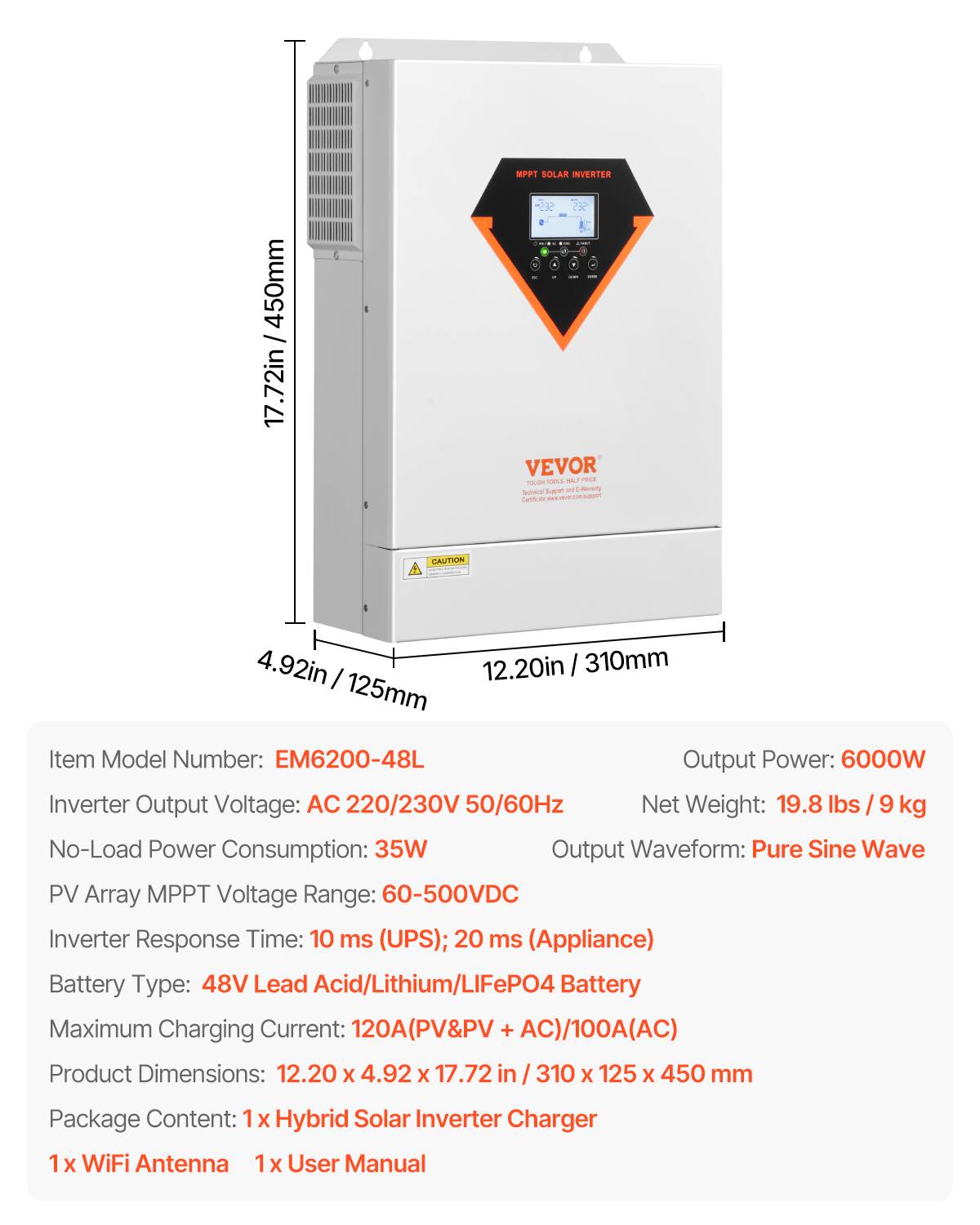 VEVOR Onduleur solaire hybride 6000W, 48V->220/230V, contrôleur MPPT 120A intégré, hors réseau. - Image 7