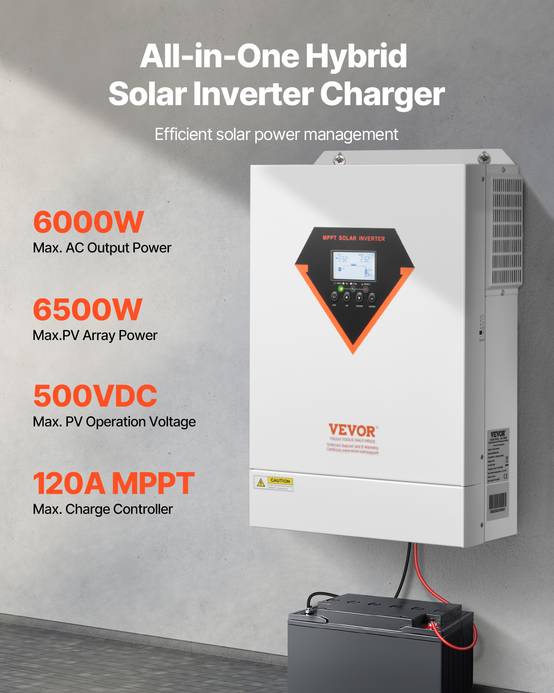 VEVOR Onduleur solaire hybride 6000W, 48V->220/230V, contrôleur MPPT 120A intégré, hors réseau. - Image 2