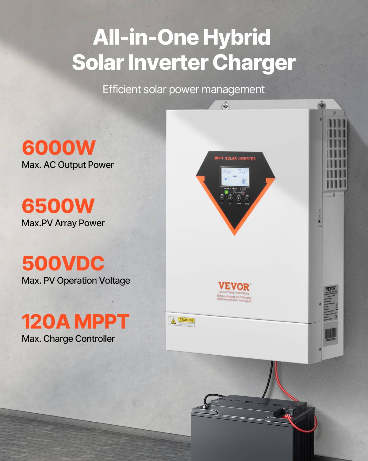 VEVOR Onduleur solaire hybride 6000W, 48V->220/230V, contrôleur MPPT 120A intégré, hors réseau. - Image 2