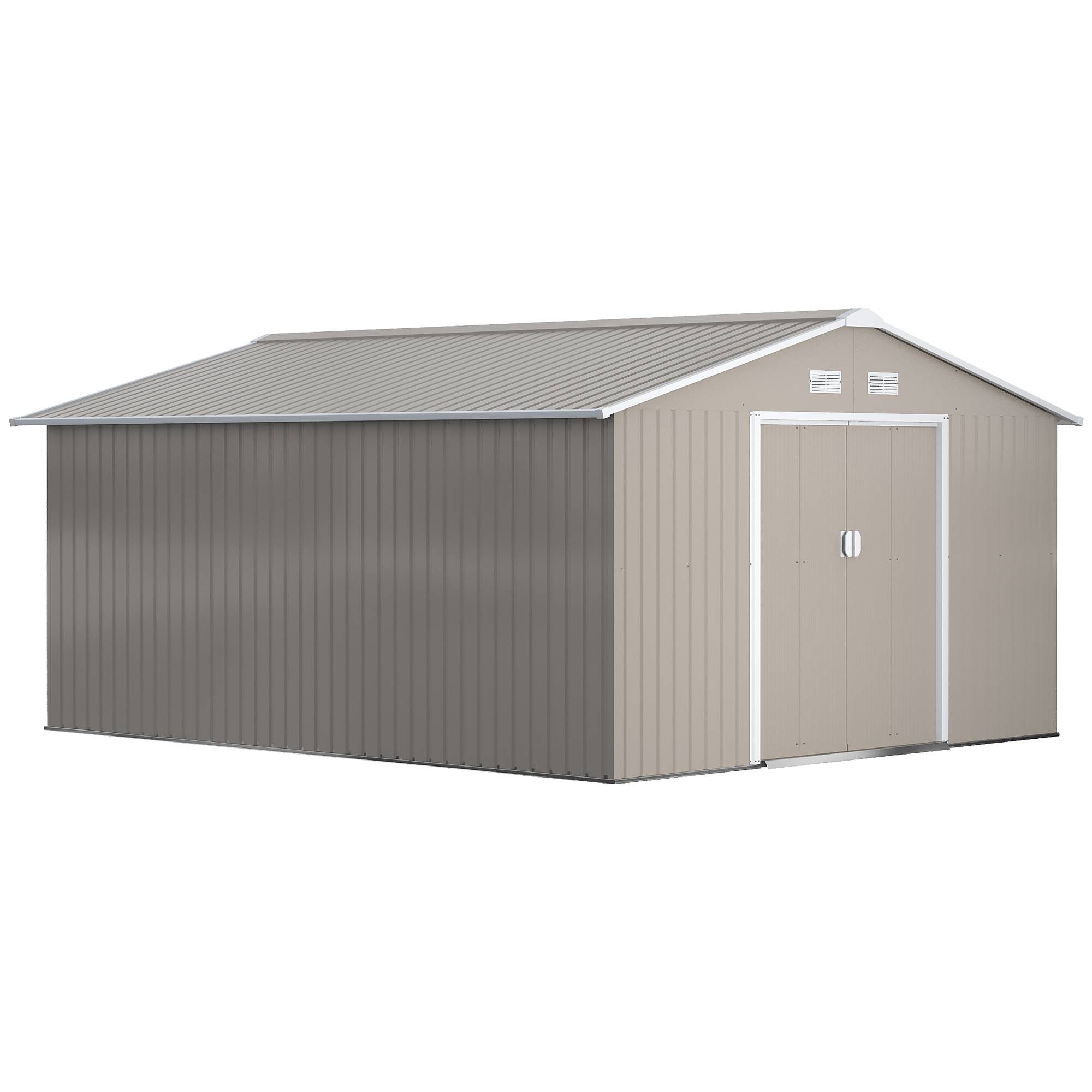 Abri de jardin étanche acier fenêtres ventilation portes coulissantes gris clair, cabanon rangement jardin - Image 1