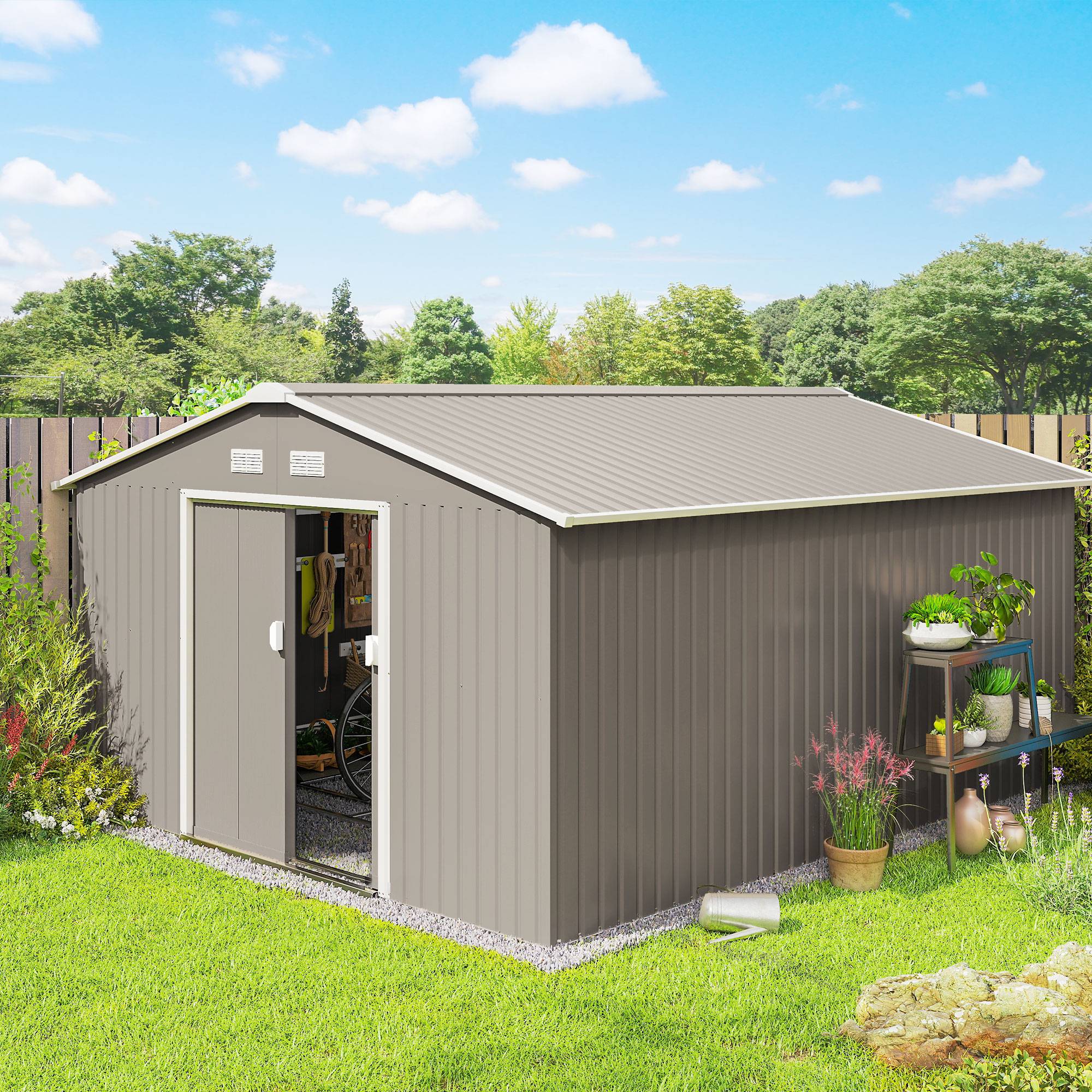 Abri de jardin étanche acier fenêtres ventilation portes coulissantes gris clair, cabanon rangement jardin - Image 3