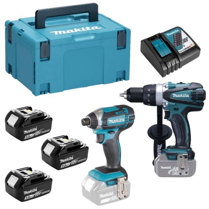 Makita - Pack de 2 machines 18V Perceuse DDF458 + Visseuse à chocs DTD152 - MAKITA - avec 3 batteries 18V 5.0Ah - chargeur - MaKPac - DLX2144TJ1 - Image 1