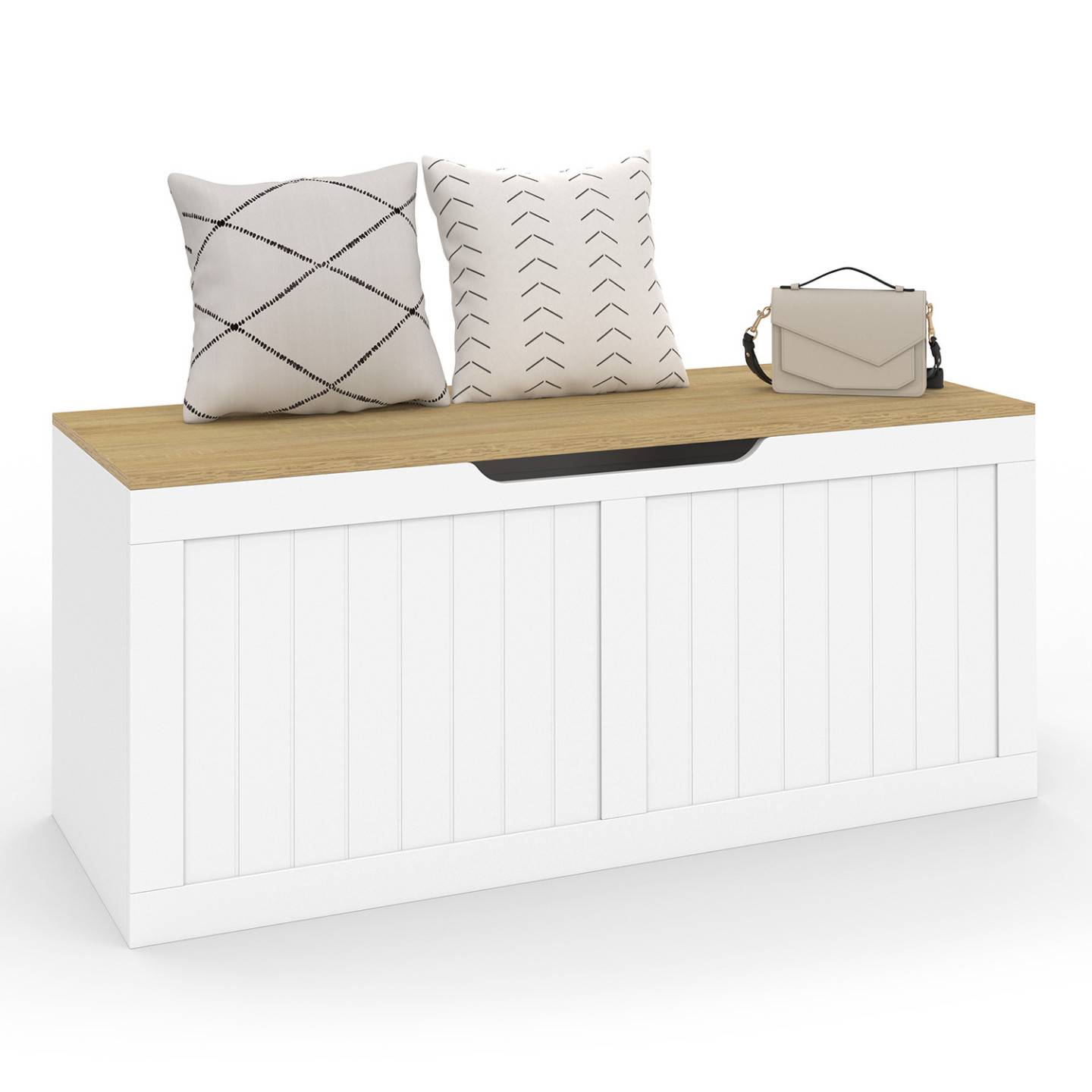 Banc coffre rangement 100 cm LEON bois et blanc - Image 2