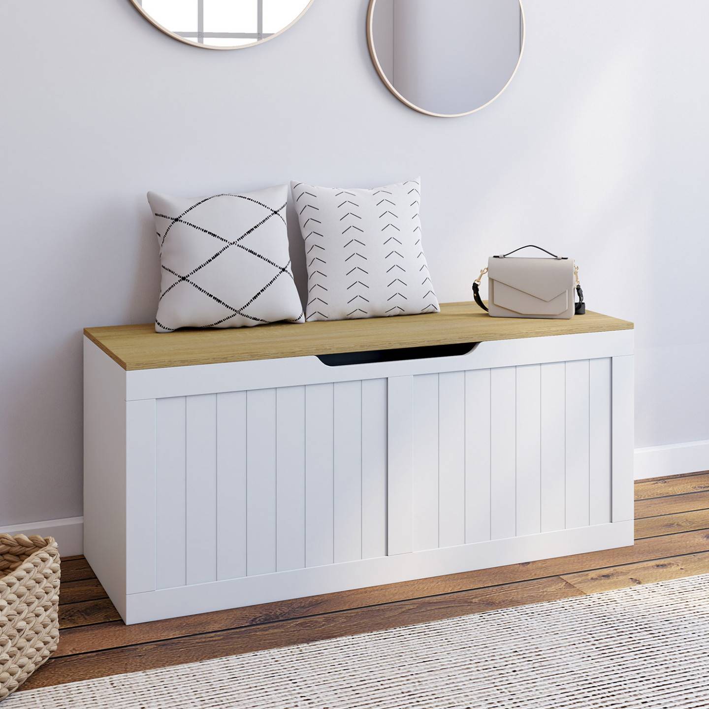 Banc coffre rangement 100 cm LEON bois et blanc - Image 1