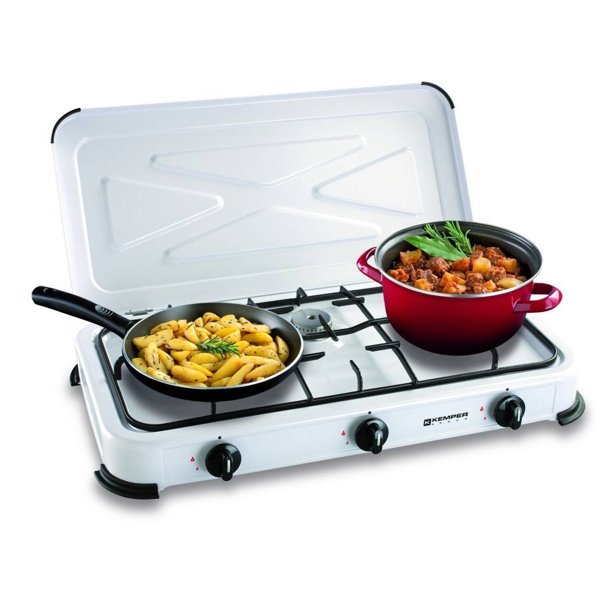 Réchaud gaz portable 3 feux 3450W Blanc laqué Couvercle Plaque de cuisson KEMPER - Image 1