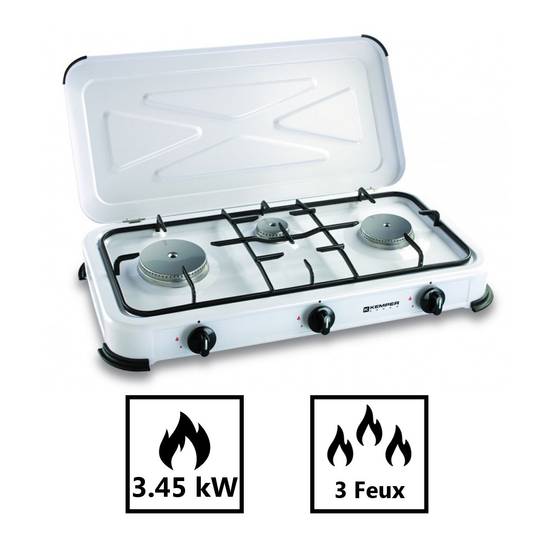 Réchaud gaz portable 3 feux 3450W Blanc laqué Couvercle Plaque de cuisson KEMPER - Image 3