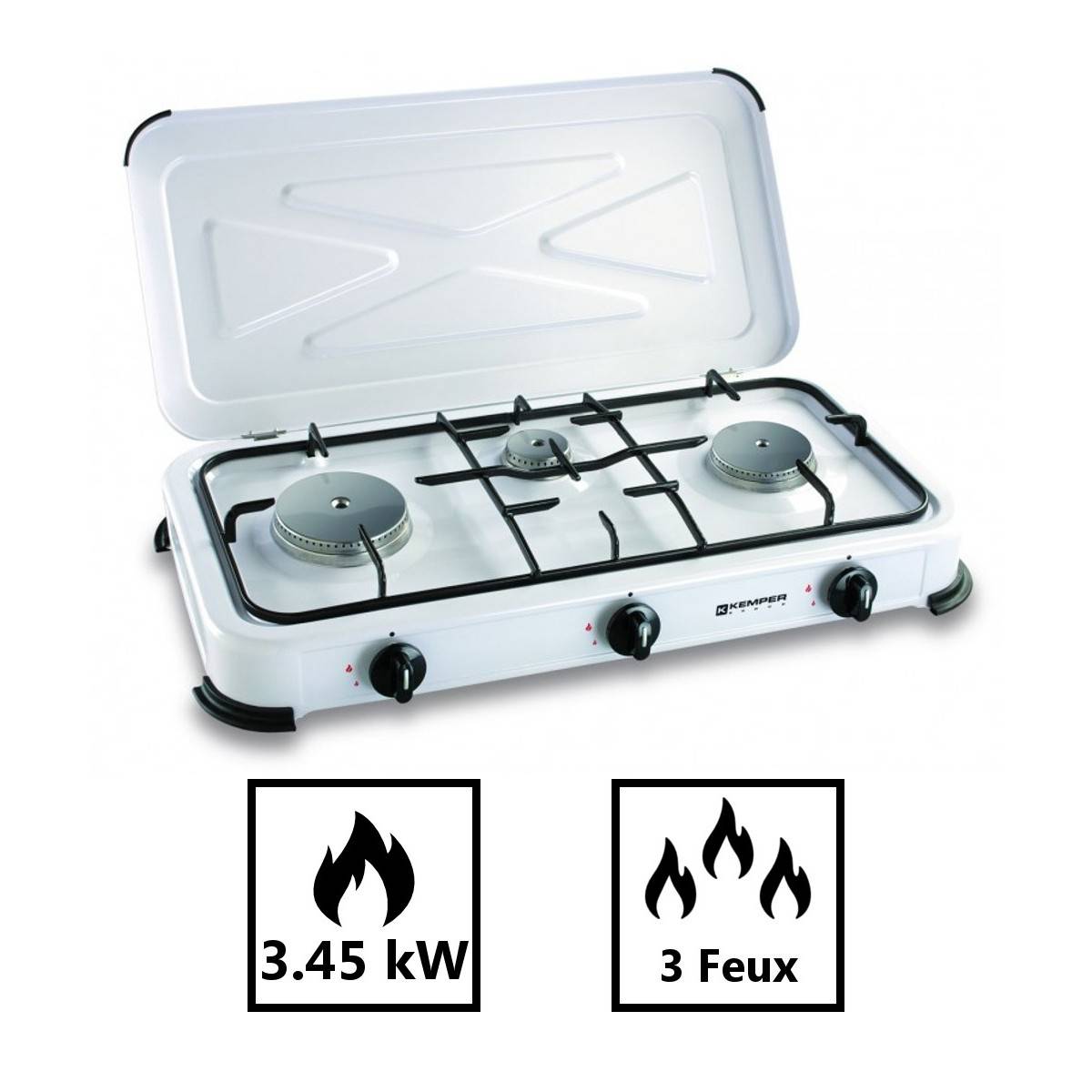 Réchaud gaz portable 3 feux 3450W Blanc laqué Couvercle Plaque de cuisson KEMPER - Image 3