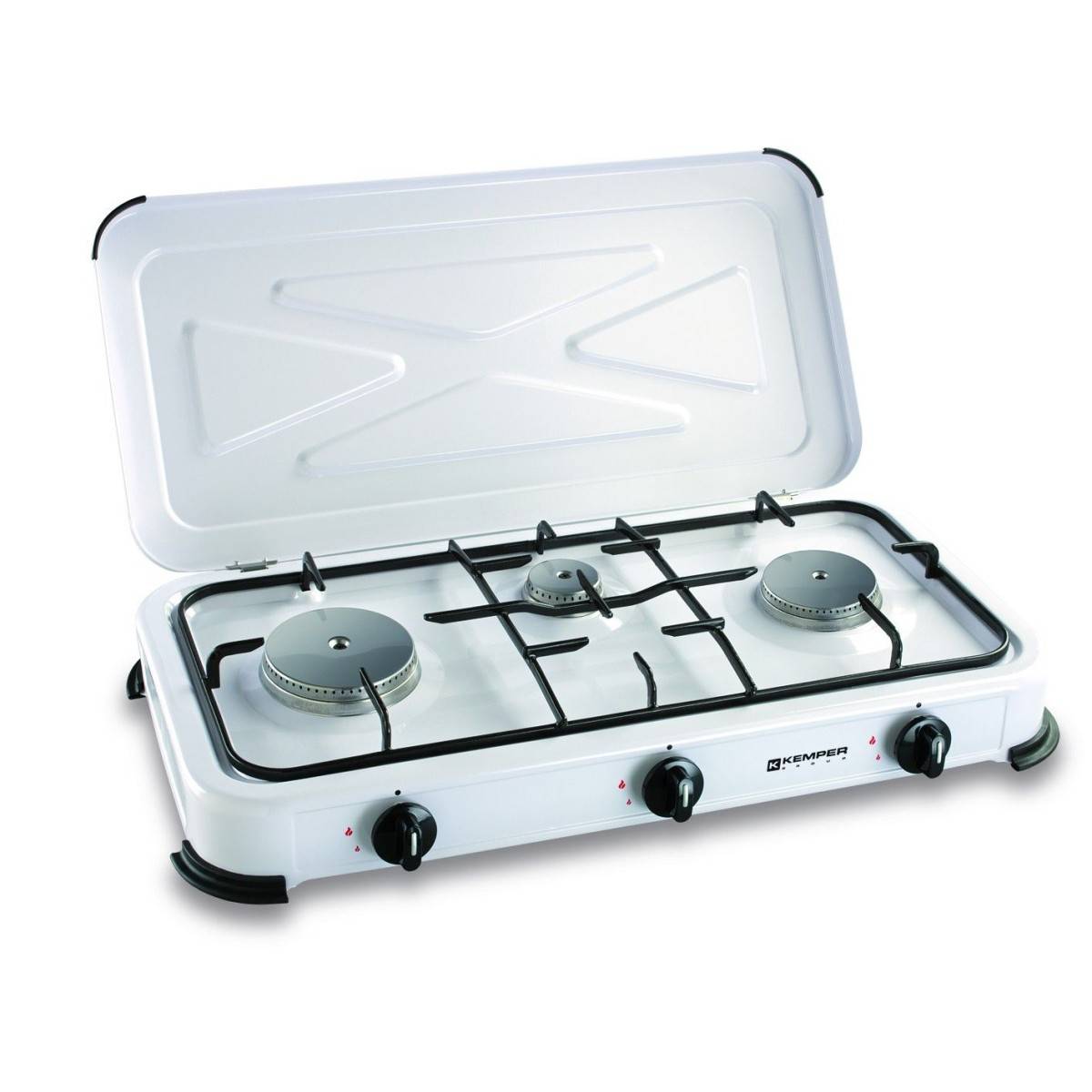 Réchaud gaz portable 3 feux 3450W Blanc laqué Couvercle Plaque de cuisson KEMPER - Image 2