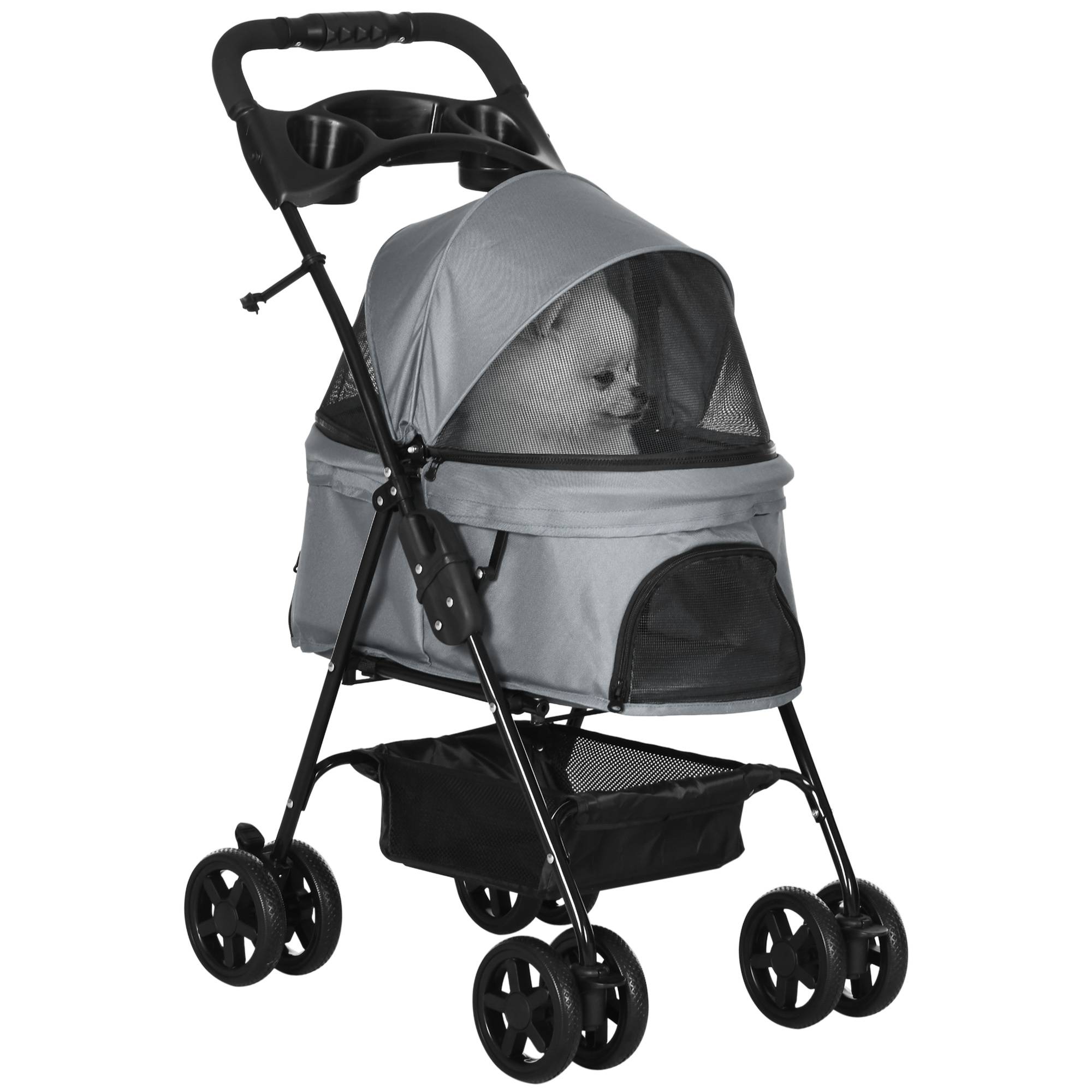 Poussette pour chien, pliable, fenêtre en filet, capote amovible, porte-gobelet, panier de rangement, structure en métal, grise, 67 x 45 x 96 cm - Image 1