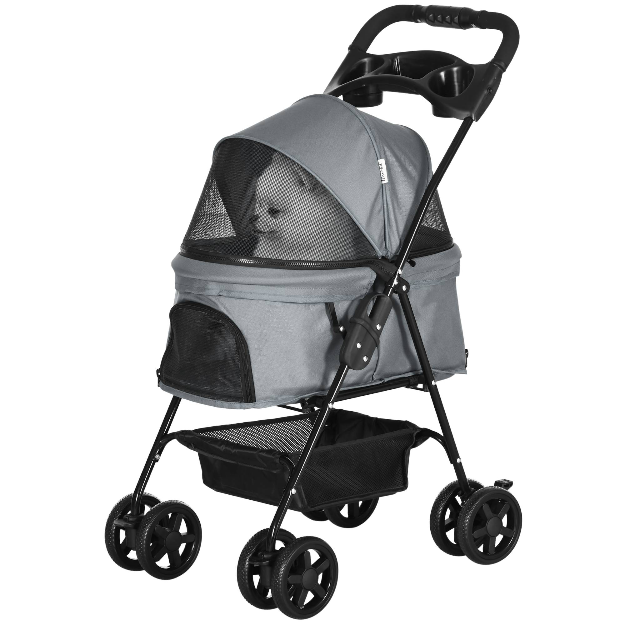Poussette pour chien, pliable, fenêtre en filet, capote amovible, porte-gobelet, panier de rangement, structure en métal, grise, 67 x 45 x 96 cm - Image 2
