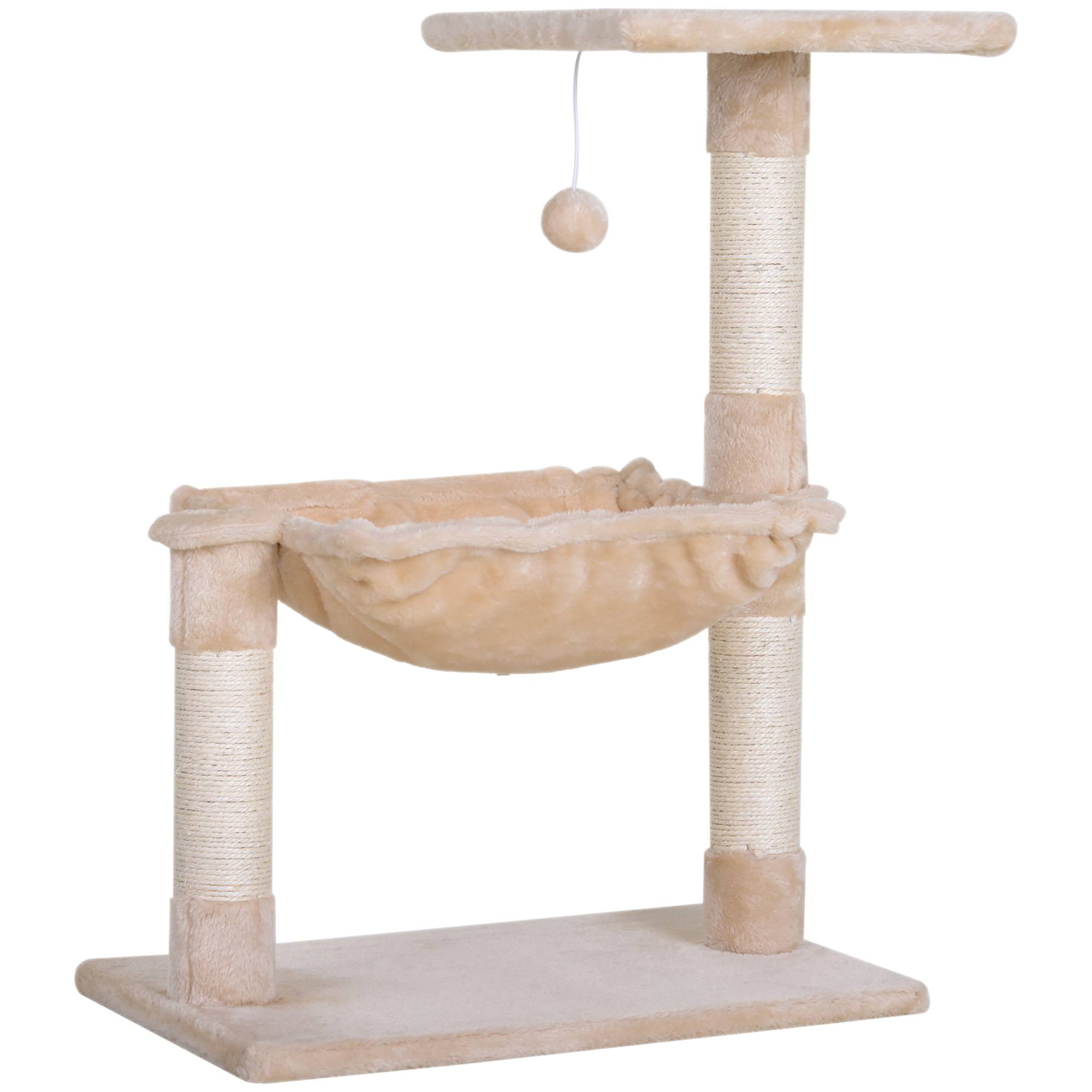 Sans Marque - Arbre à chat petit hamac balle bois peluche structure chat intérieur 50 x 36 x 70 cm beige - Image 2
