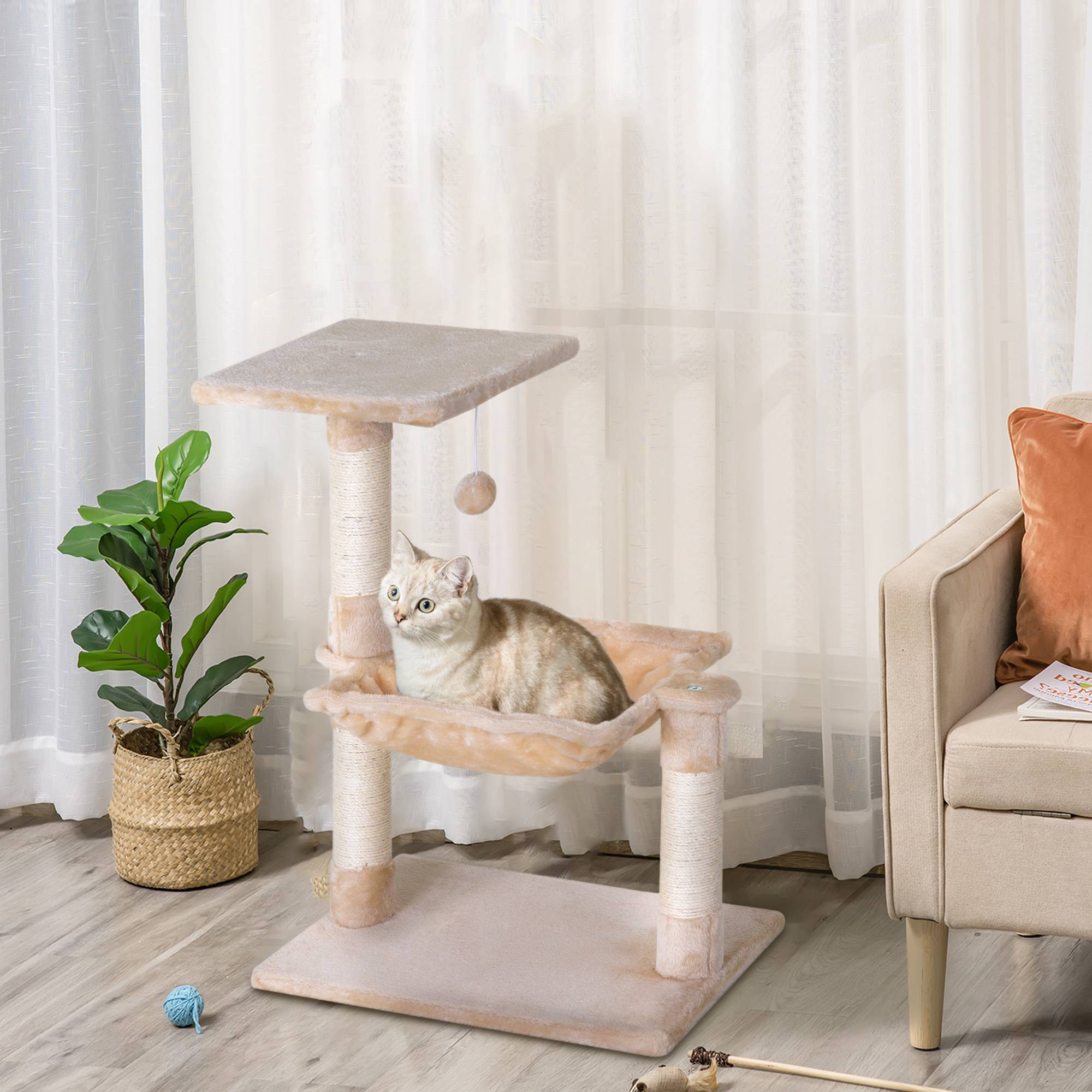 Sans Marque - Arbre à chat petit hamac balle bois peluche structure chat intérieur 50 x 36 x 70 cm beige - Image 3