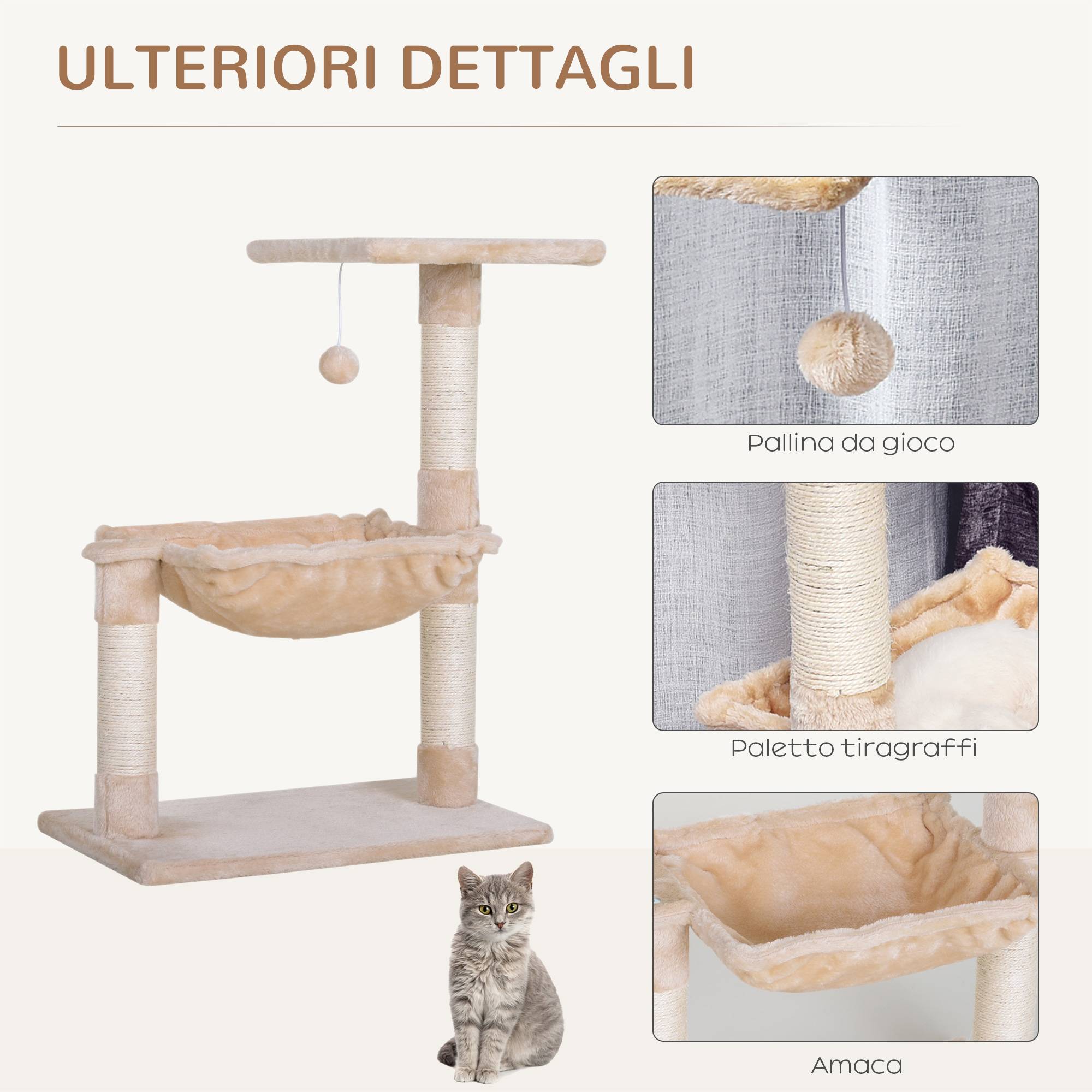 Sans Marque - Arbre à chat petit hamac balle bois peluche structure chat intérieur 50 x 36 x 70 cm beige - Image 7