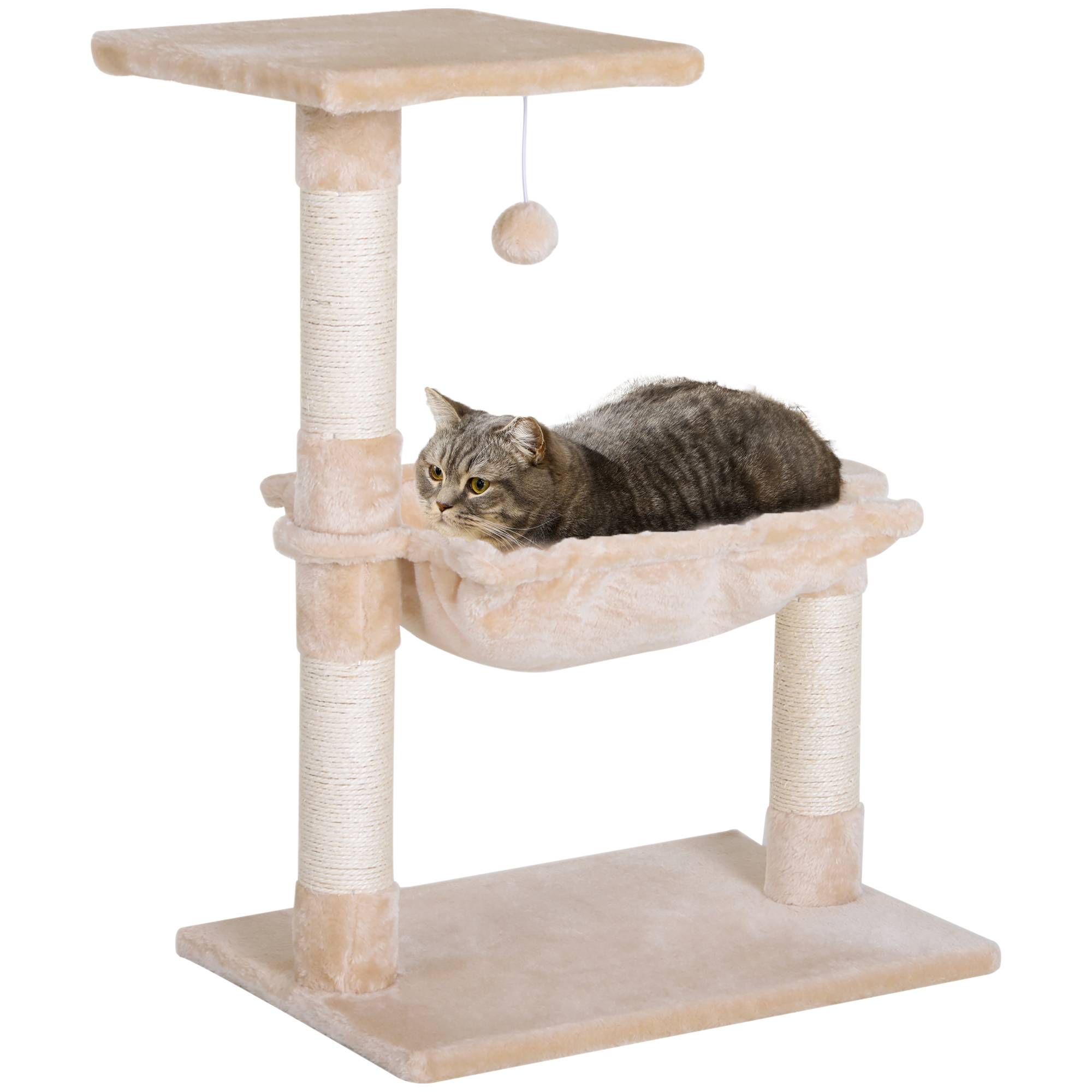 Sans Marque - Arbre à chat petit hamac balle bois peluche structure chat intérieur 50 x 36 x 70 cm beige - Image 1