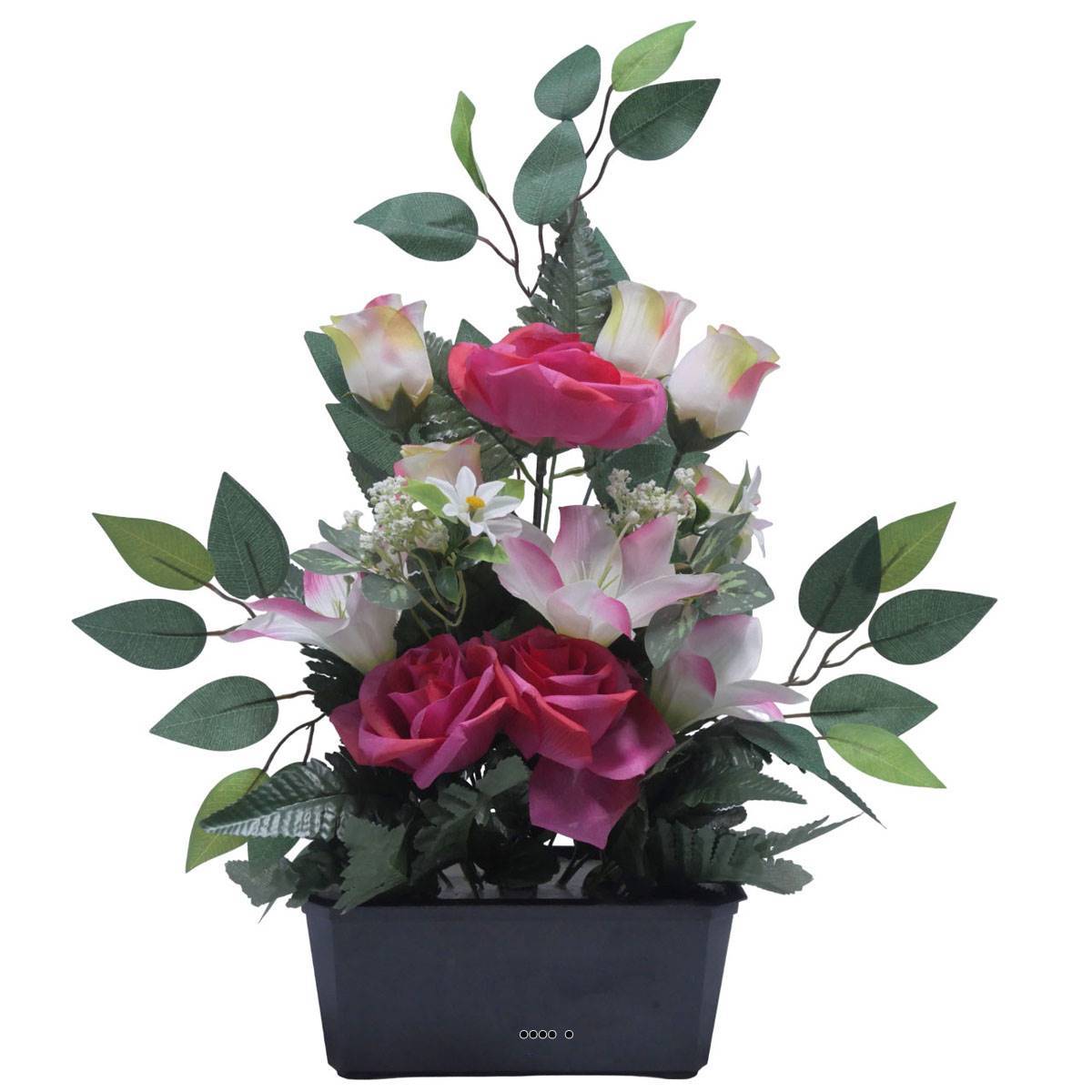 Artificielles - Jardinière fleurs Rose, Bouton de rose, Lys tigré et Ficus Rose fushiaartificiels pour la Toussaint - couleur: Rose fushia 730 - Image 2