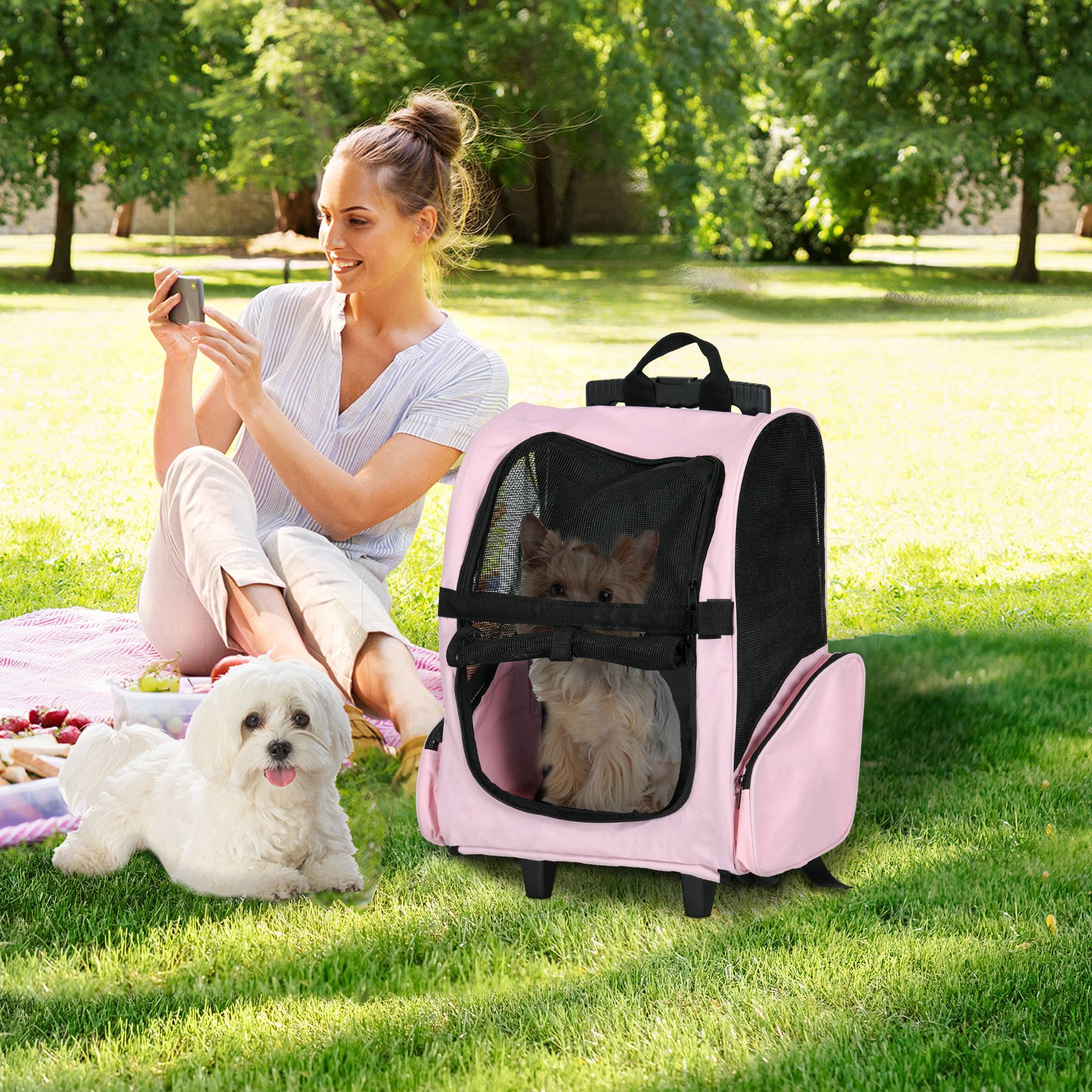 Sans Marque - Sac transport roulettes chien 2 en 1 trolley chariot poignée téléscopique sacs rangement 42x25x55 cm rose - Image 3