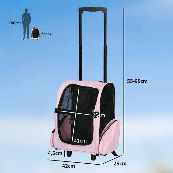 Sans Marque - Sac transport roulettes chien 2 en 1 trolley chariot poignée téléscopique sacs rangement 42x25x55 cm rose - Image 5