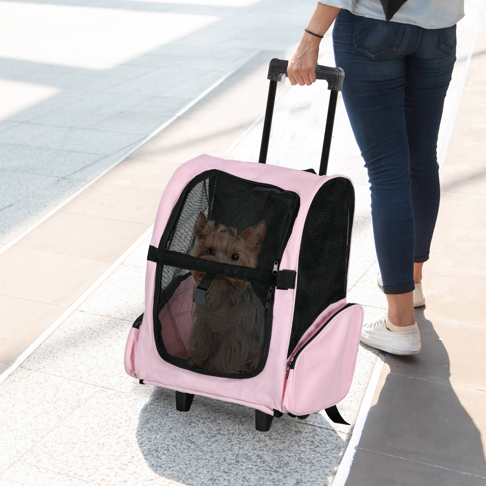 Sans Marque - Sac transport roulettes chien 2 en 1 trolley chariot poignée téléscopique sacs rangement 42x25x55 cm rose - Image 4