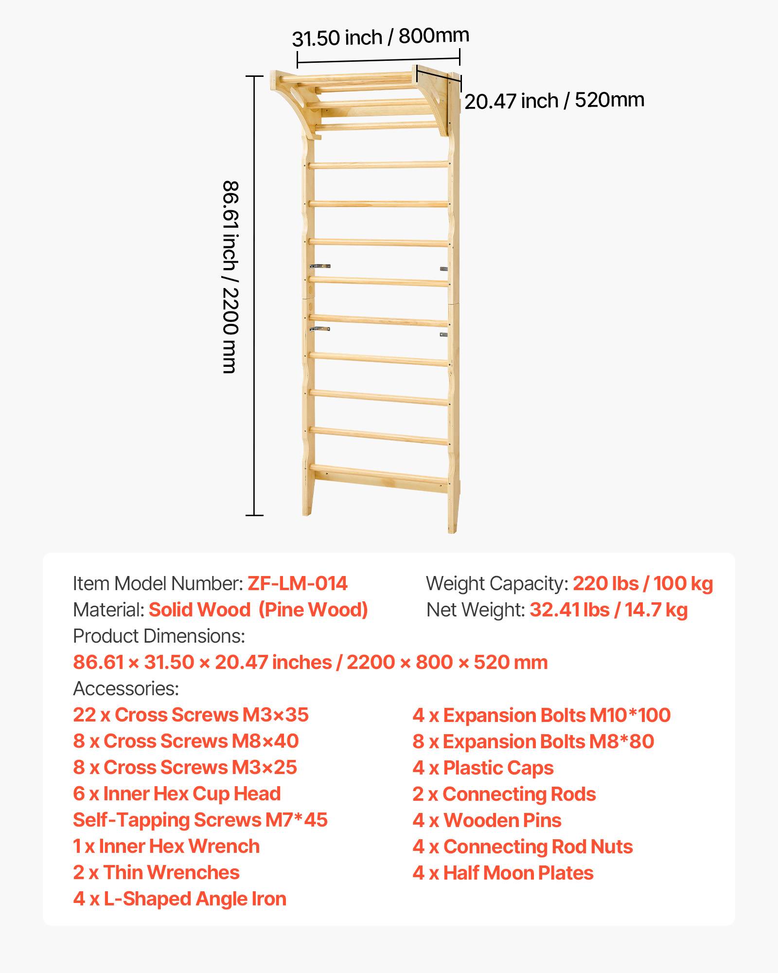 Vevor - VEVOR Espalier mural en pin massif 10 niveaux, capacité 100 kg, gym 2-en-1 avec barre de traction réglable, station de jeu intérieure. - Image 6