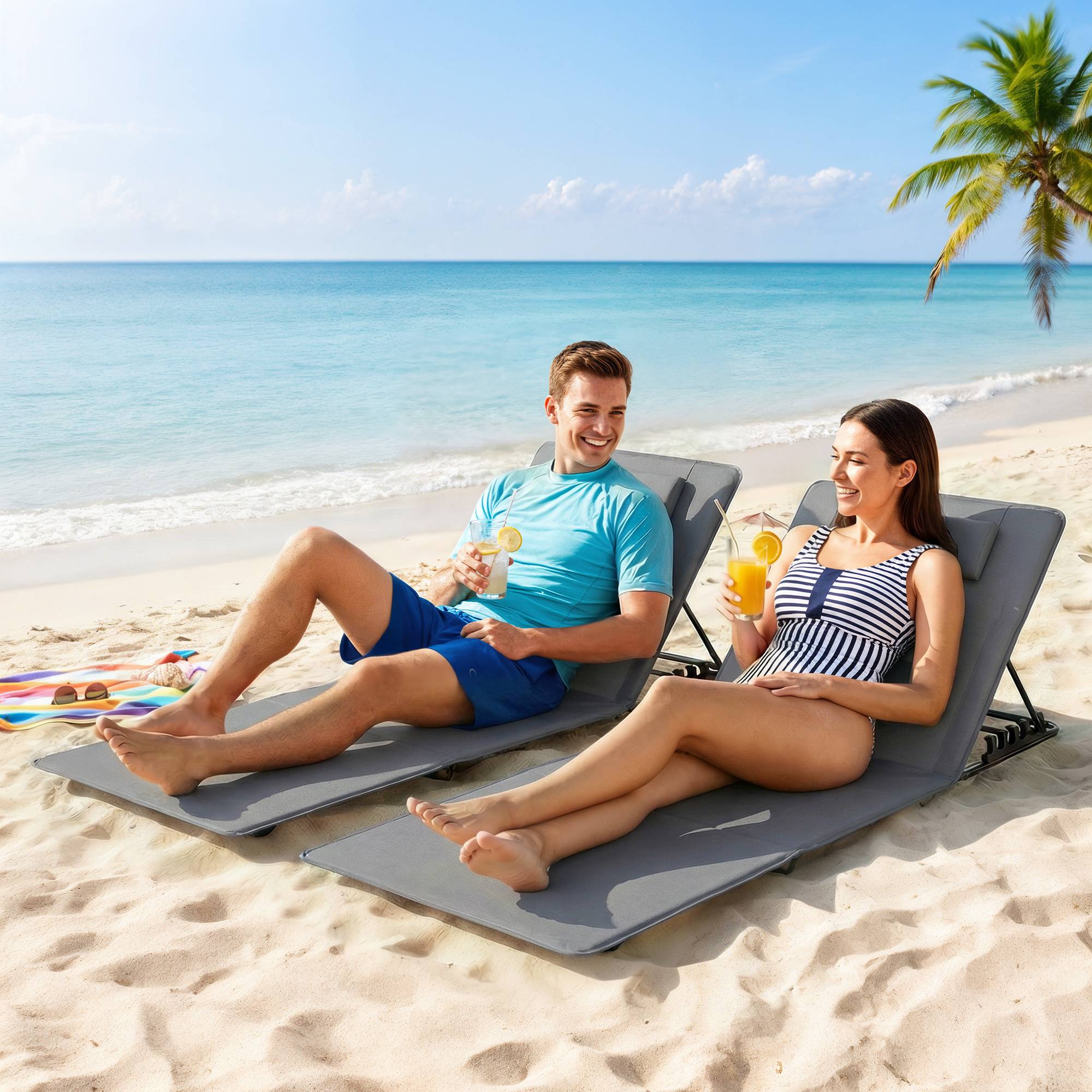 Ensemble de 2 tapis de plage pliables et légers avec dossier réglable, appui-tête et sac de rangement. - Image 4