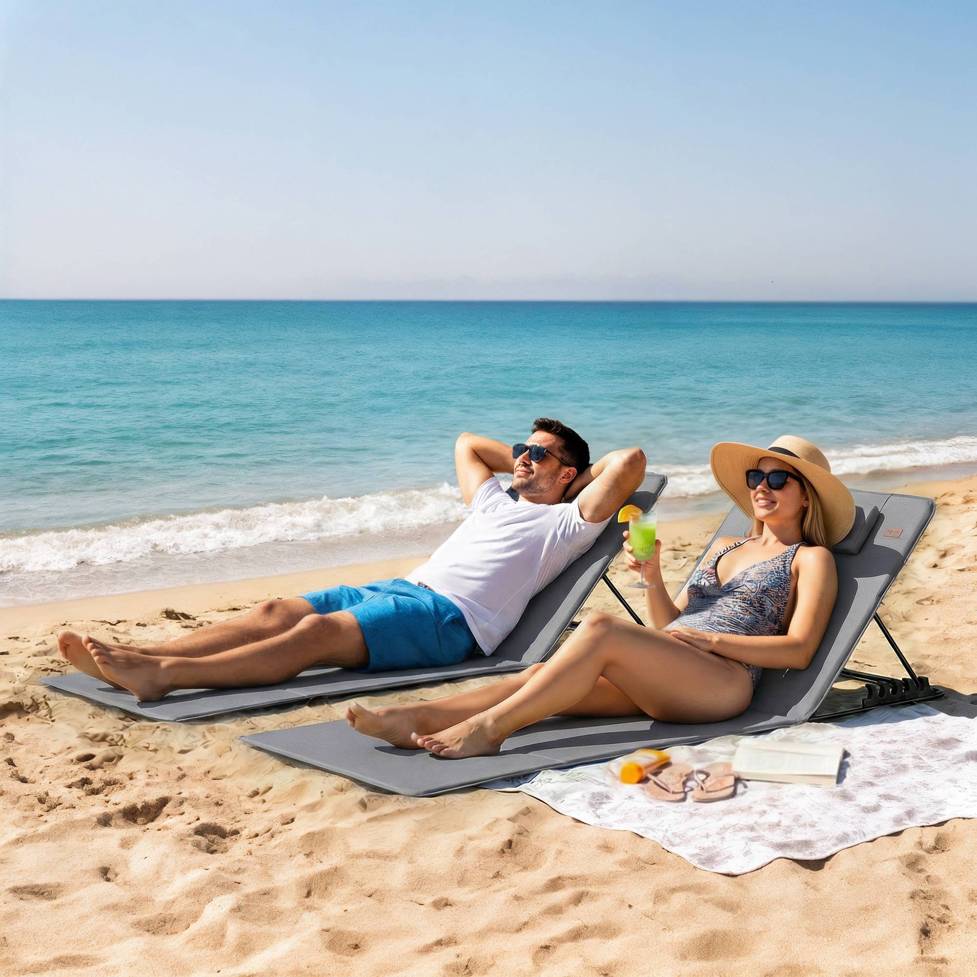 Ensemble de 2 tapis de plage pliables et légers avec dossier réglable, appui-tête et sac de rangement. - Image 3
