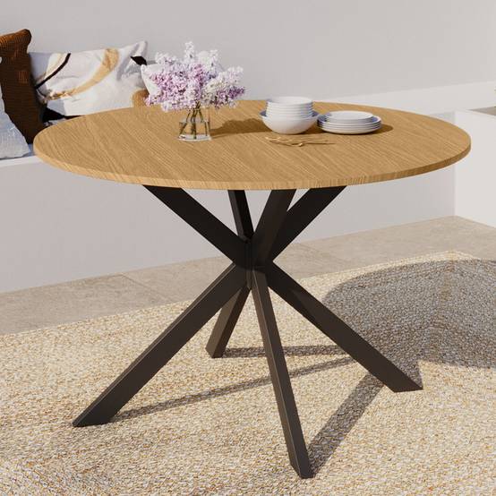 IDMARKET - Table de jardin ronde MESSINA 120 cm 6 personnes pied araignée plateau métal effet bois - Image 4