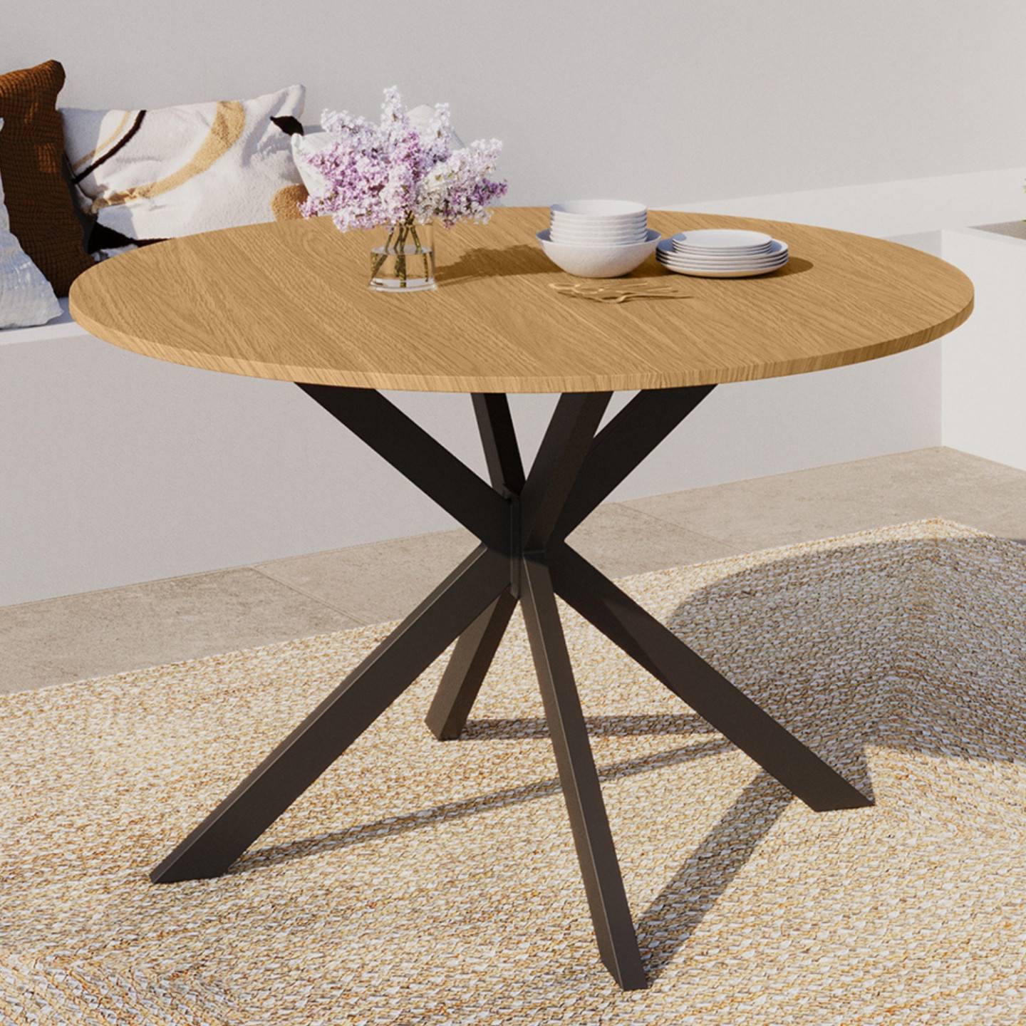 IDMARKET - Table de jardin ronde MESSINA 120 cm 6 personnes pied araignée plateau métal effet bois - Image 4