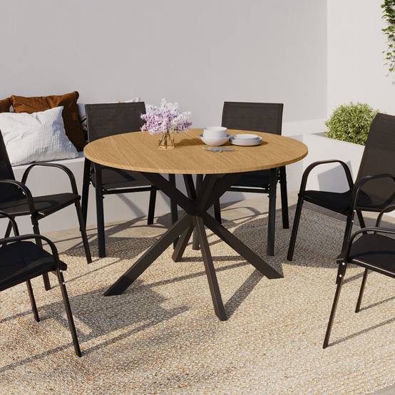 IDMARKET - Table de jardin ronde MESSINA 120 cm 6 personnes pied araignée plateau métal effet bois - Image 1