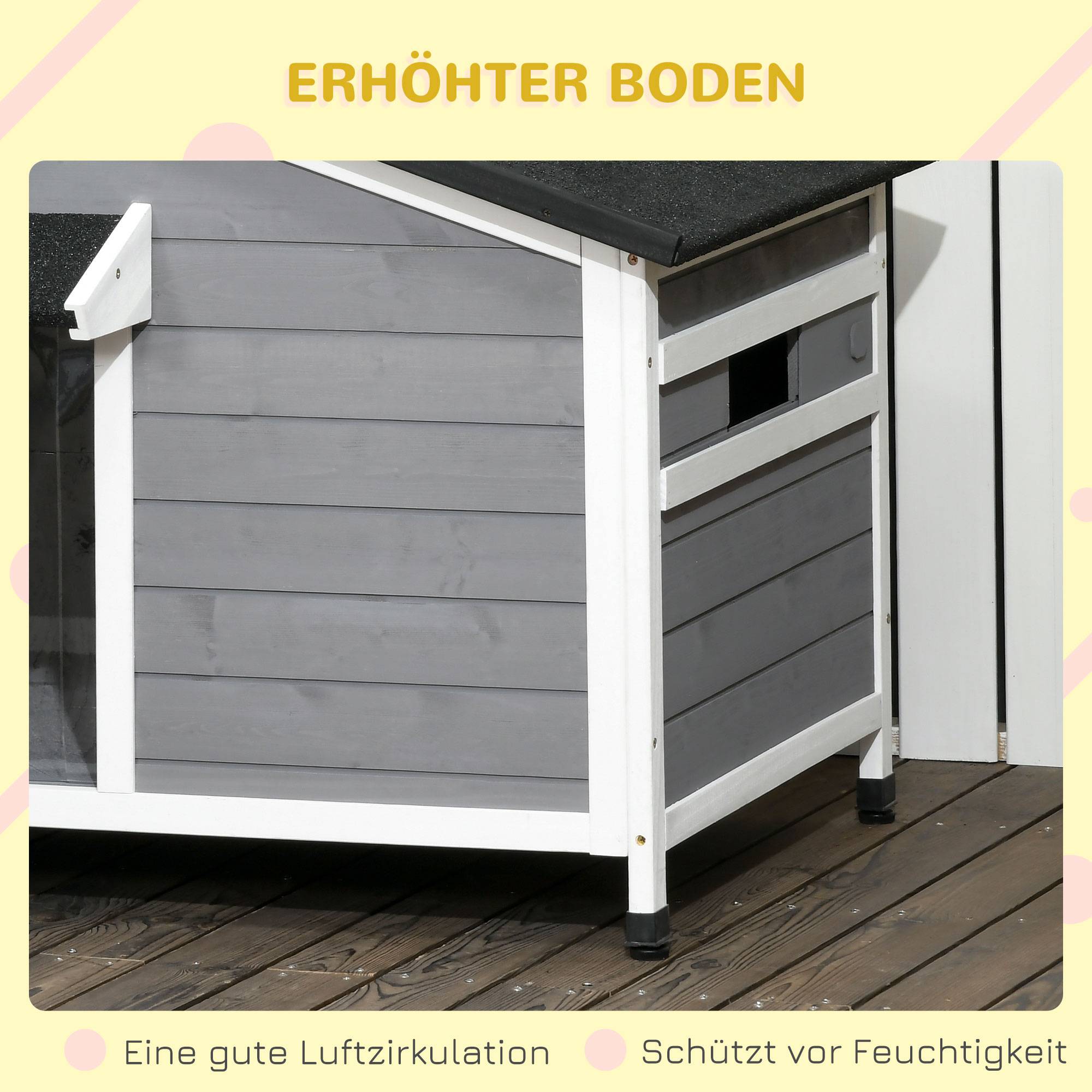 Niche chien bois massif résistante aux intempéries,toit asphalte,plancher amovible,109x79x72cm gris et blanc - Image 10