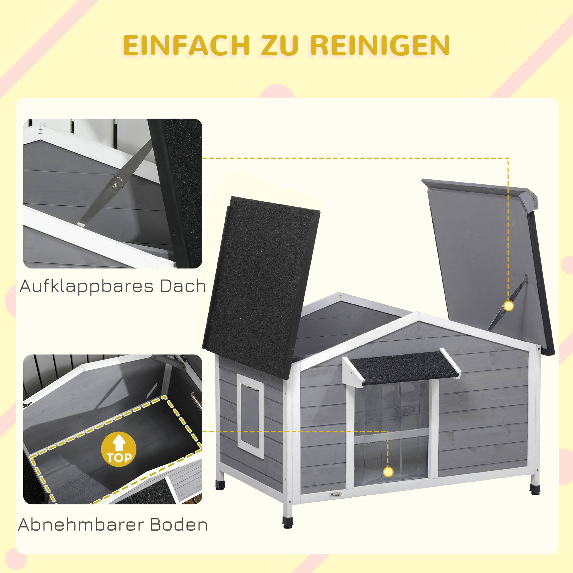 Niche chien bois massif résistante aux intempéries,toit asphalte,plancher amovible,109x79x72cm gris et blanc - Image 7