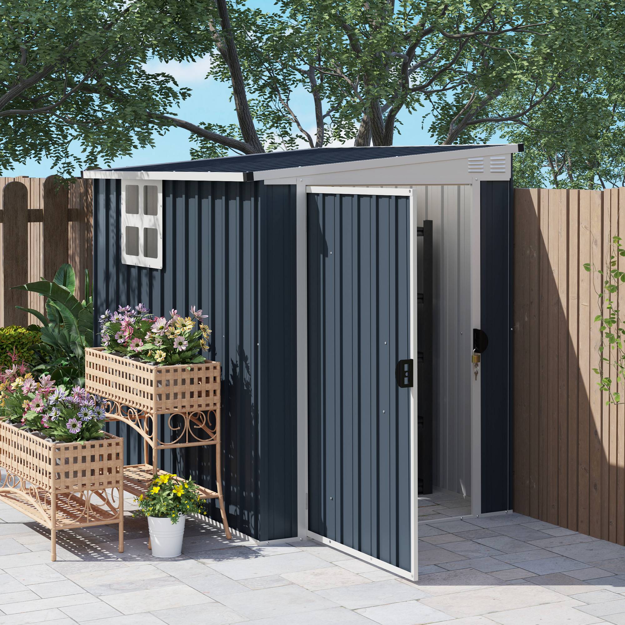 Abri de jardin acier gris foncé avec fenêtres aérations porte verrouillable, cabanon rangement outils jardin - Image 3