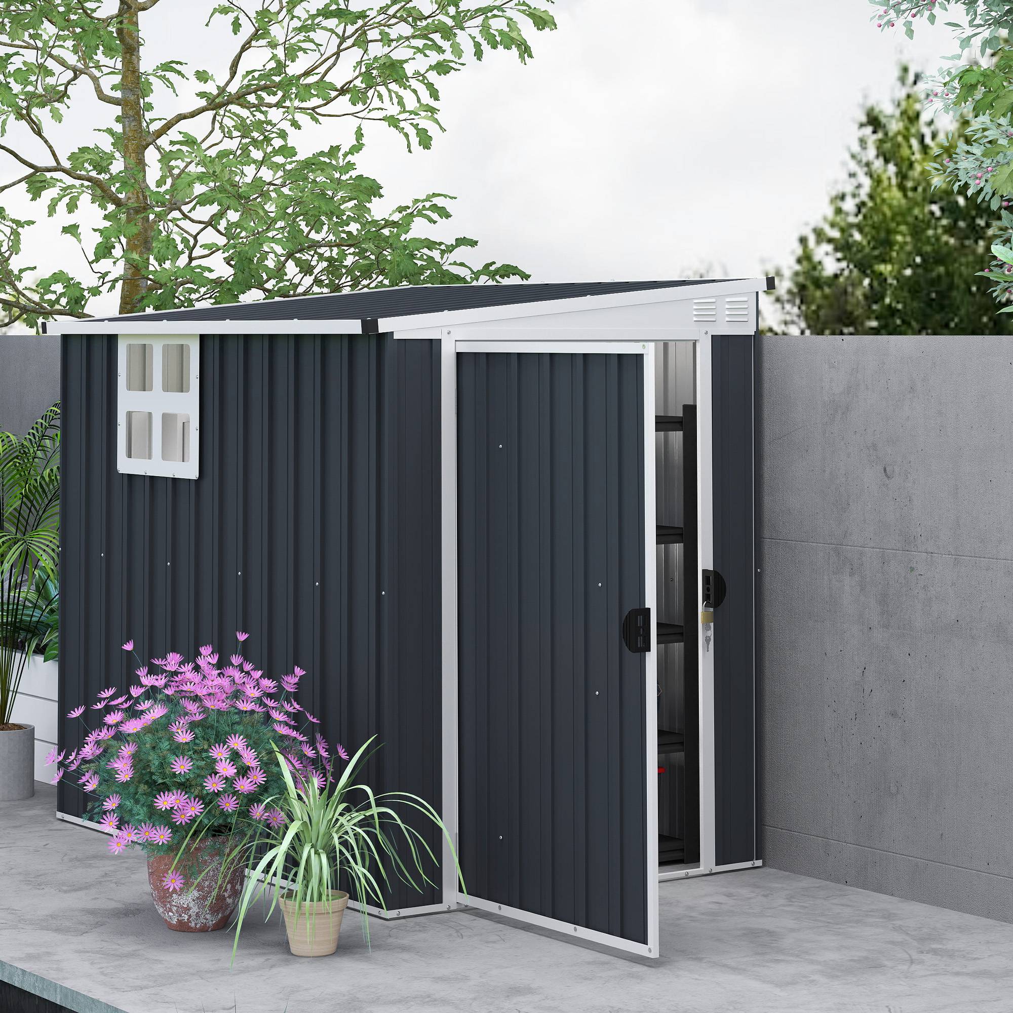 Abri de jardin acier gris foncé avec fenêtres aérations porte verrouillable, cabanon rangement outils jardin - Image 4
