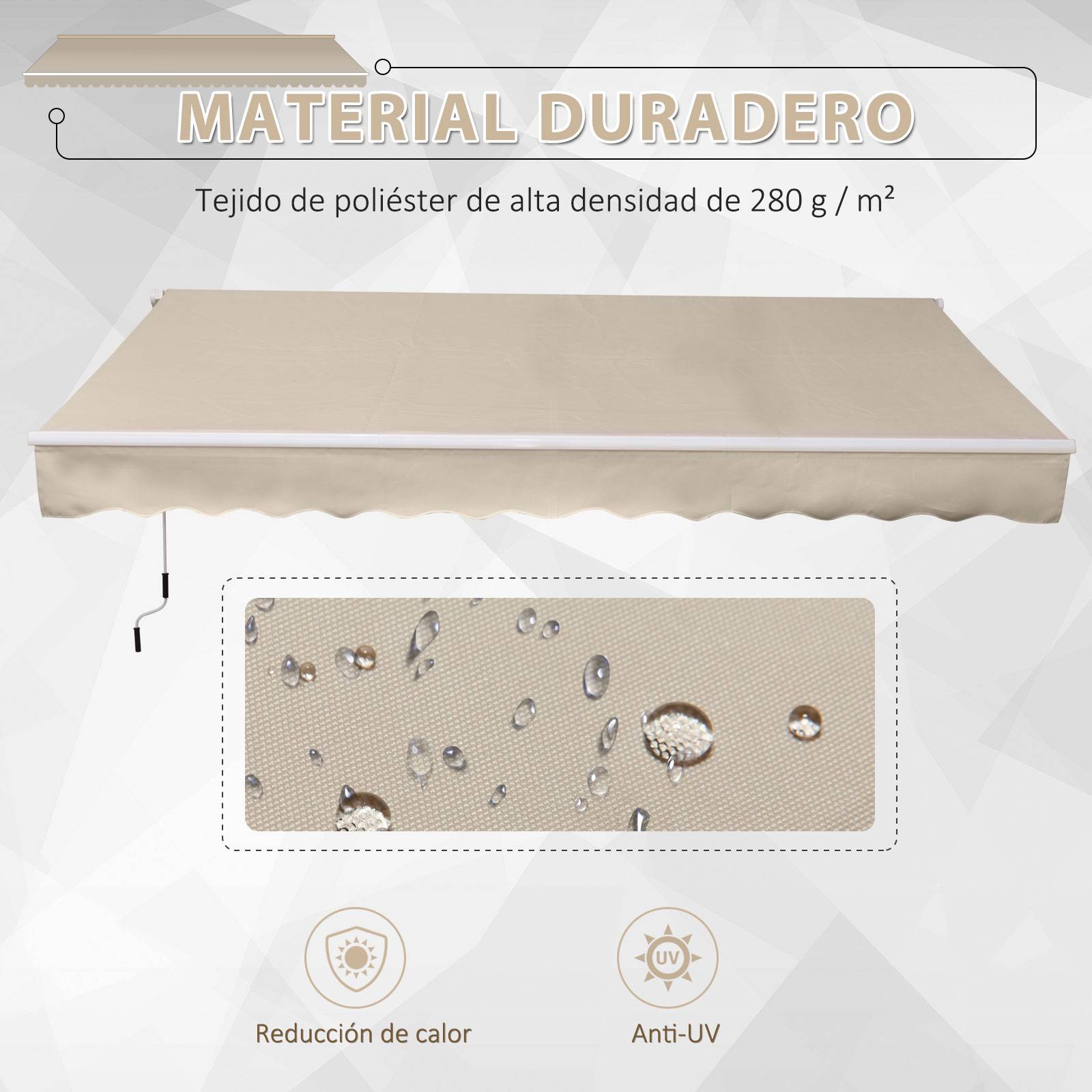 Store banne manuelle 395 x 245 cm à manivelle, pour balcon, terrasse ou patio, en aluminium et toile polyester 280 g/m², anti-UV, beige - Image 6