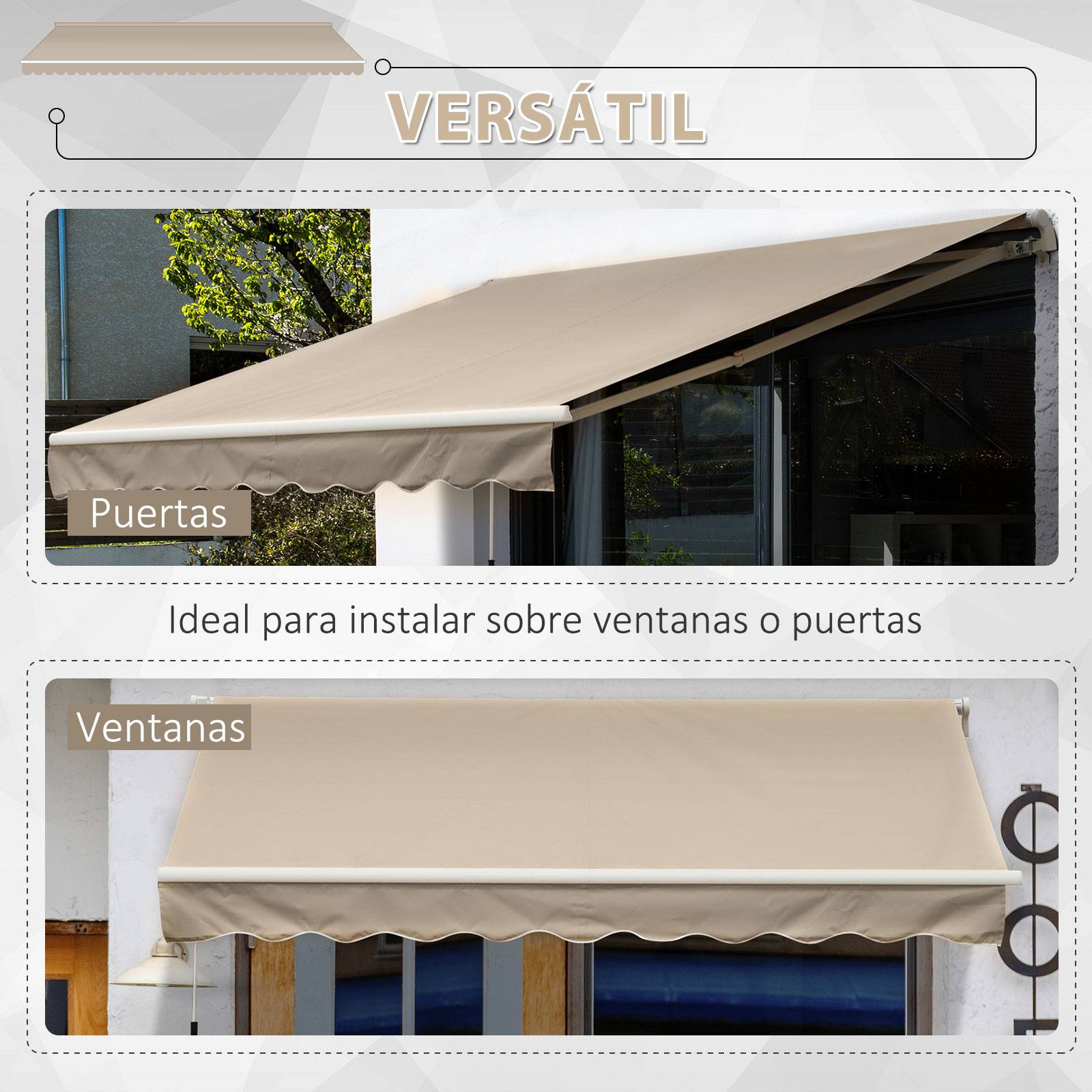 Store banne manuelle 395 x 245 cm à manivelle, pour balcon, terrasse ou patio, en aluminium et toile polyester 280 g/m², anti-UV, beige - Image 8