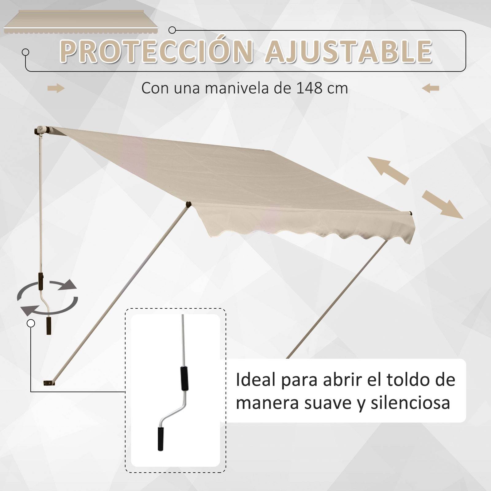 Store banne manuelle 395 x 245 cm à manivelle, pour balcon, terrasse ou patio, en aluminium et toile polyester 280 g/m², anti-UV, beige - Image 7