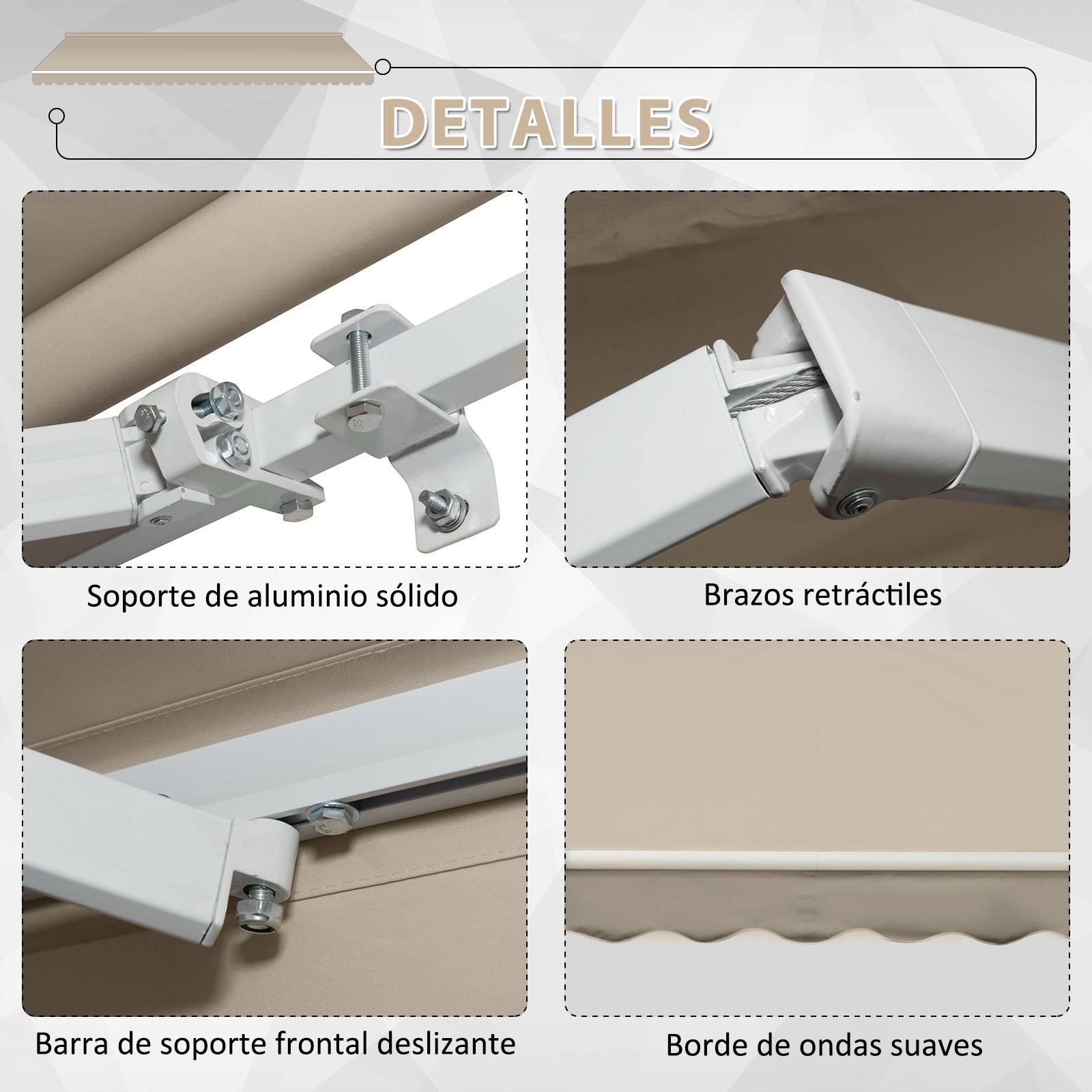 Store banne manuelle 395 x 245 cm à manivelle, pour balcon, terrasse ou patio, en aluminium et toile polyester 280 g/m², anti-UV, beige - Image 9