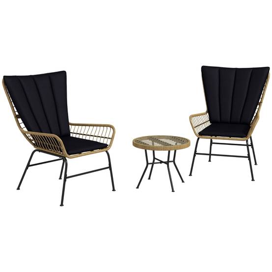 Set de jardin 3 pièces avec 2 chaises en rattan et table basse en verre trempé, noir - PANGIVO - Image 8