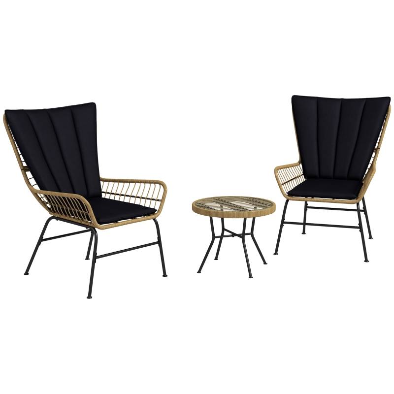Set de jardin 3 pièces avec 2 chaises en rattan et table basse en verre trempé, noir - PANGIVO - Image 8