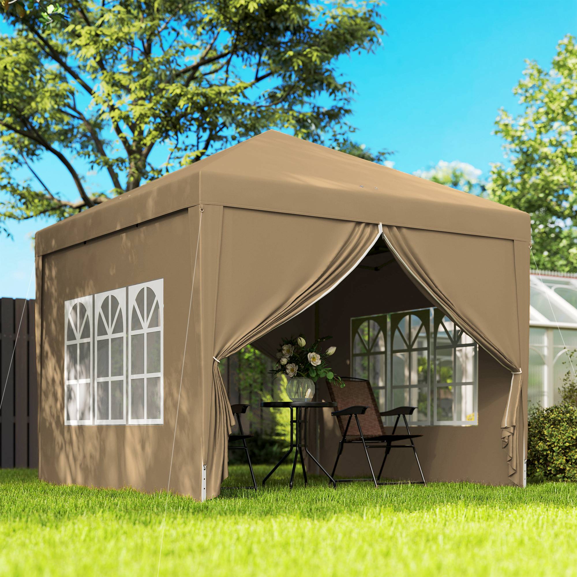 Tente de réception pliante acier pour fêtes plein air avec parois 3x3m kaki - ComfortXL Outdoor Living - Image 3