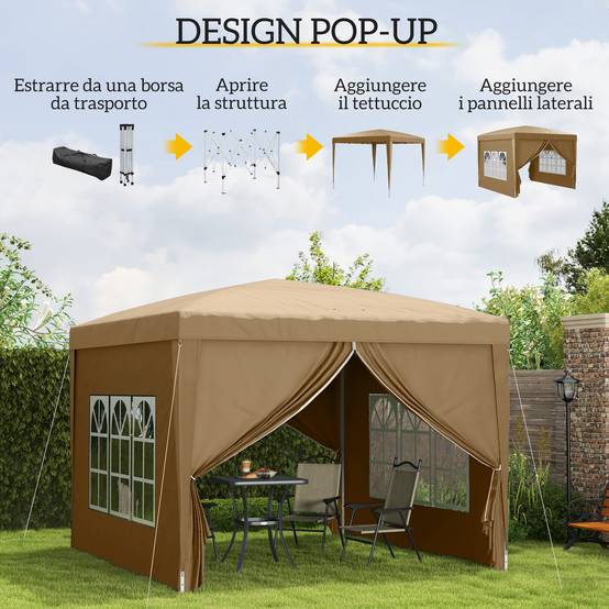 Tente de réception pliante acier pour fêtes plein air avec parois 3x3m kaki - ComfortXL Outdoor Living - Image 6