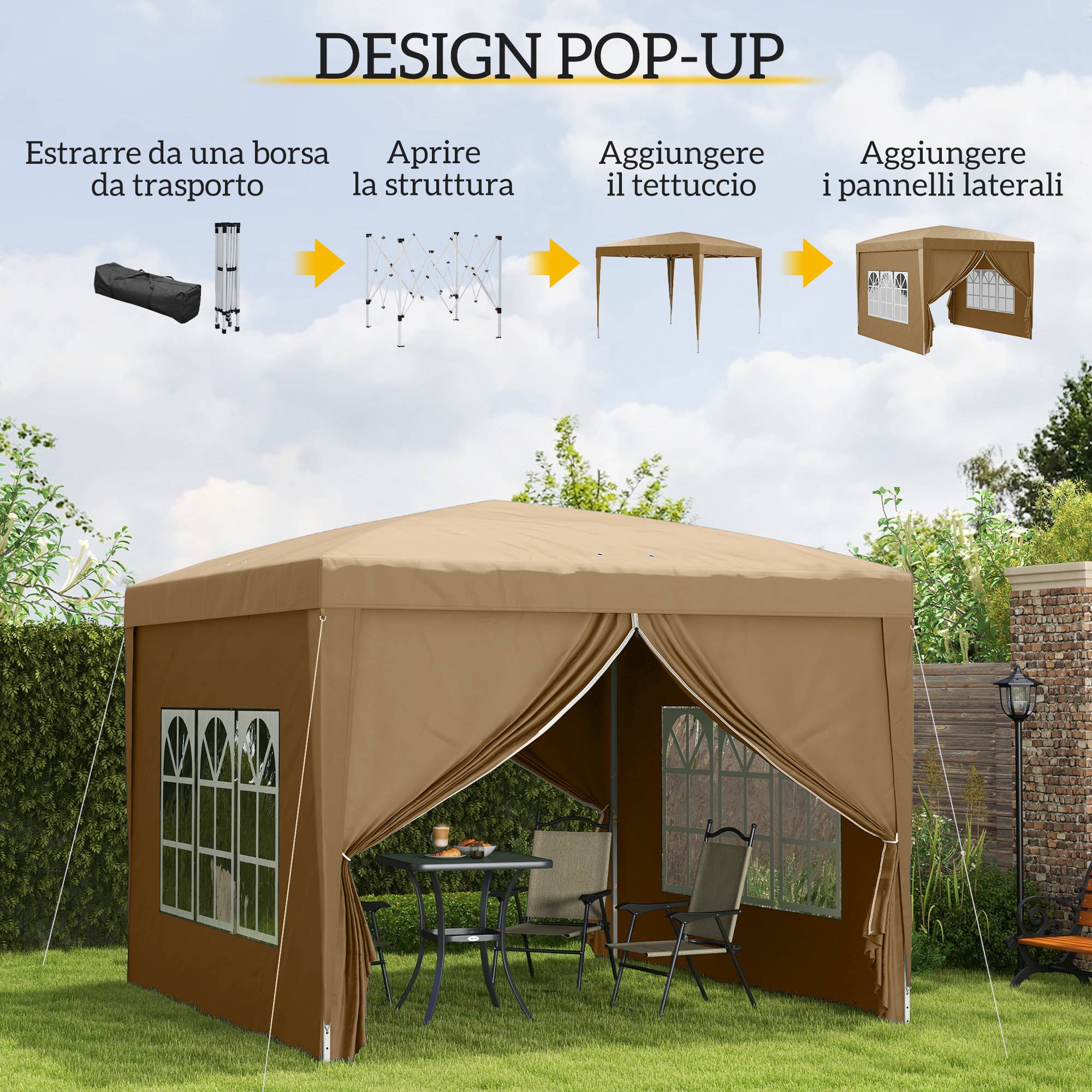 Tente de réception pliante acier pour fêtes plein air avec parois 3x3m kaki - ComfortXL Outdoor Living - Image 6