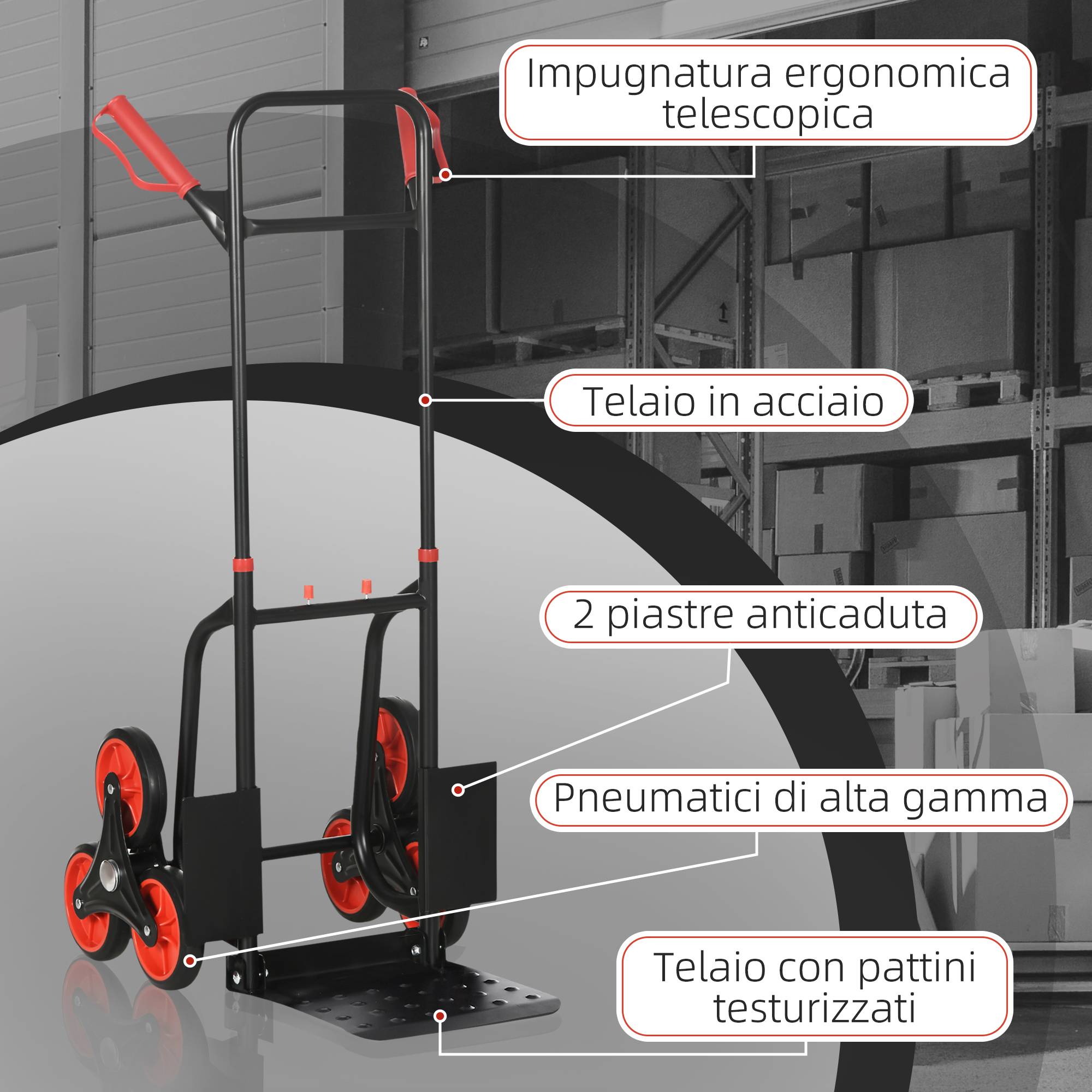 ComfortXL - Diable monte-escalier pliable en acier rouge et noir à 6 roues 67 x 44 x 106,5 cm pour charges jusqu'à 120 kg - Image 6