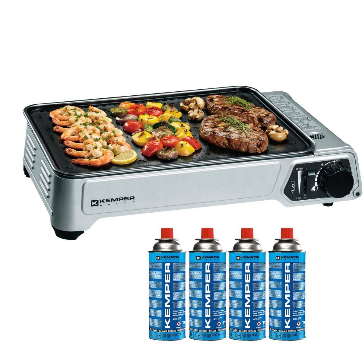 Plancha à gaz portable 2300W + 4 cartouches de gaz + Valise de transport KEMPER - Image 1