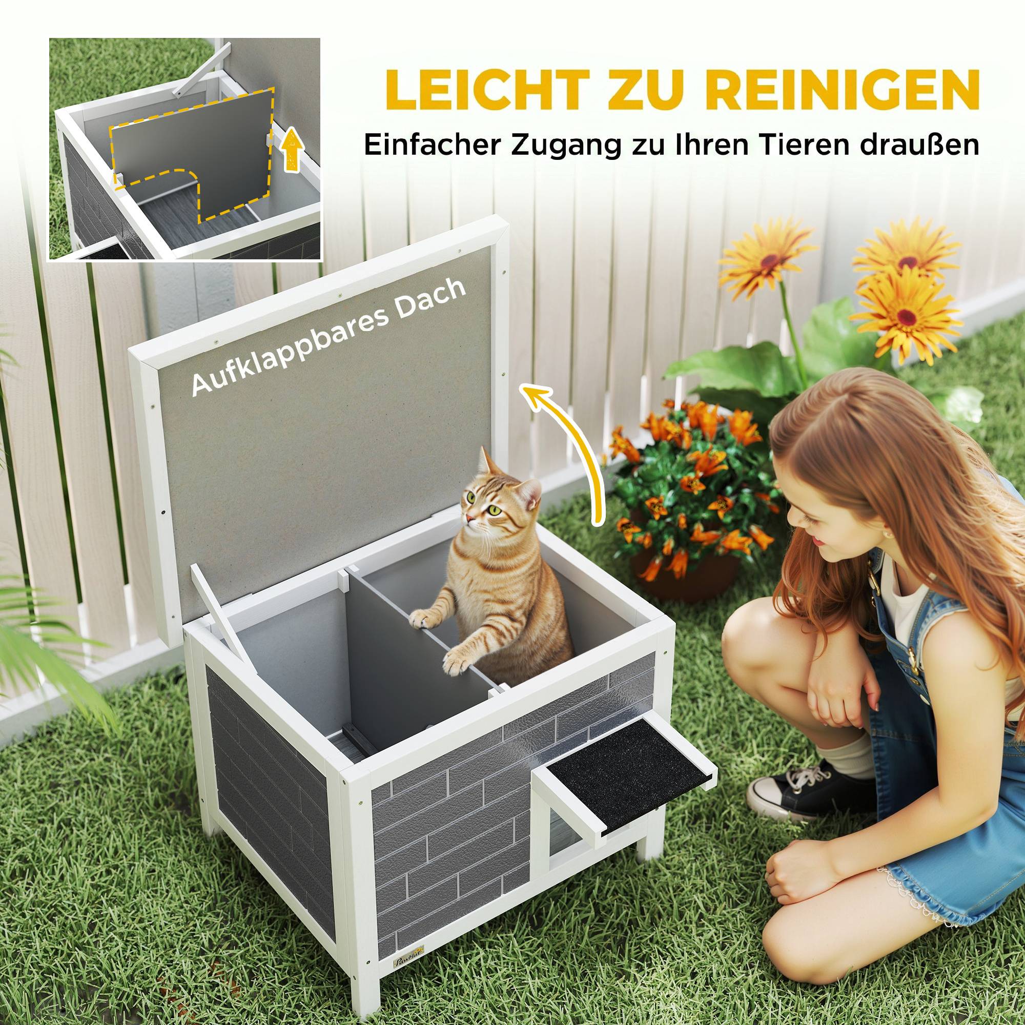 Maison chat niche bois imperméable toit rabattable panneaux isolants aluminium toit asphalte 61x51x53,5 cm - Image 8