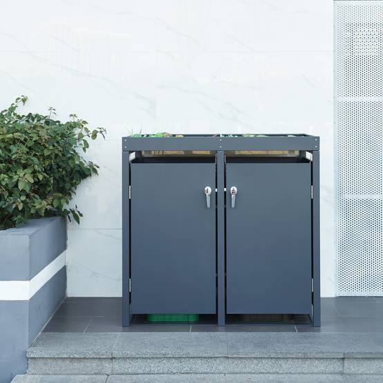 Cache-poubelle Valkeakoski pour 2 poubelles de 120 L acier galvanisé 110 x 115 x 62 cm anthracite en.casa - Image 3